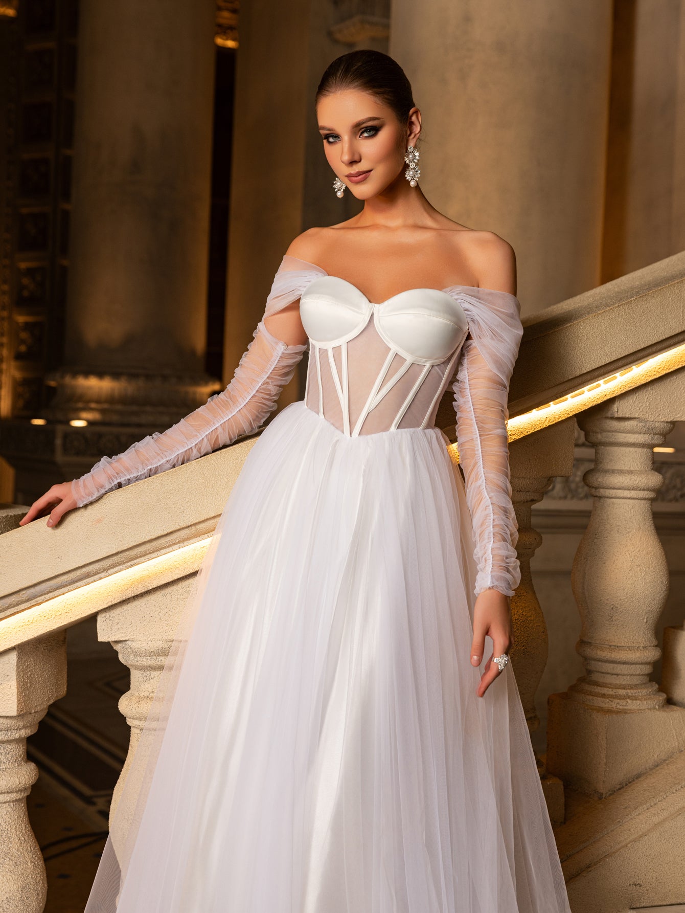 Elegant Off Shoulder Sheer Sleeves Tulle Evening Gown Wedding Dress