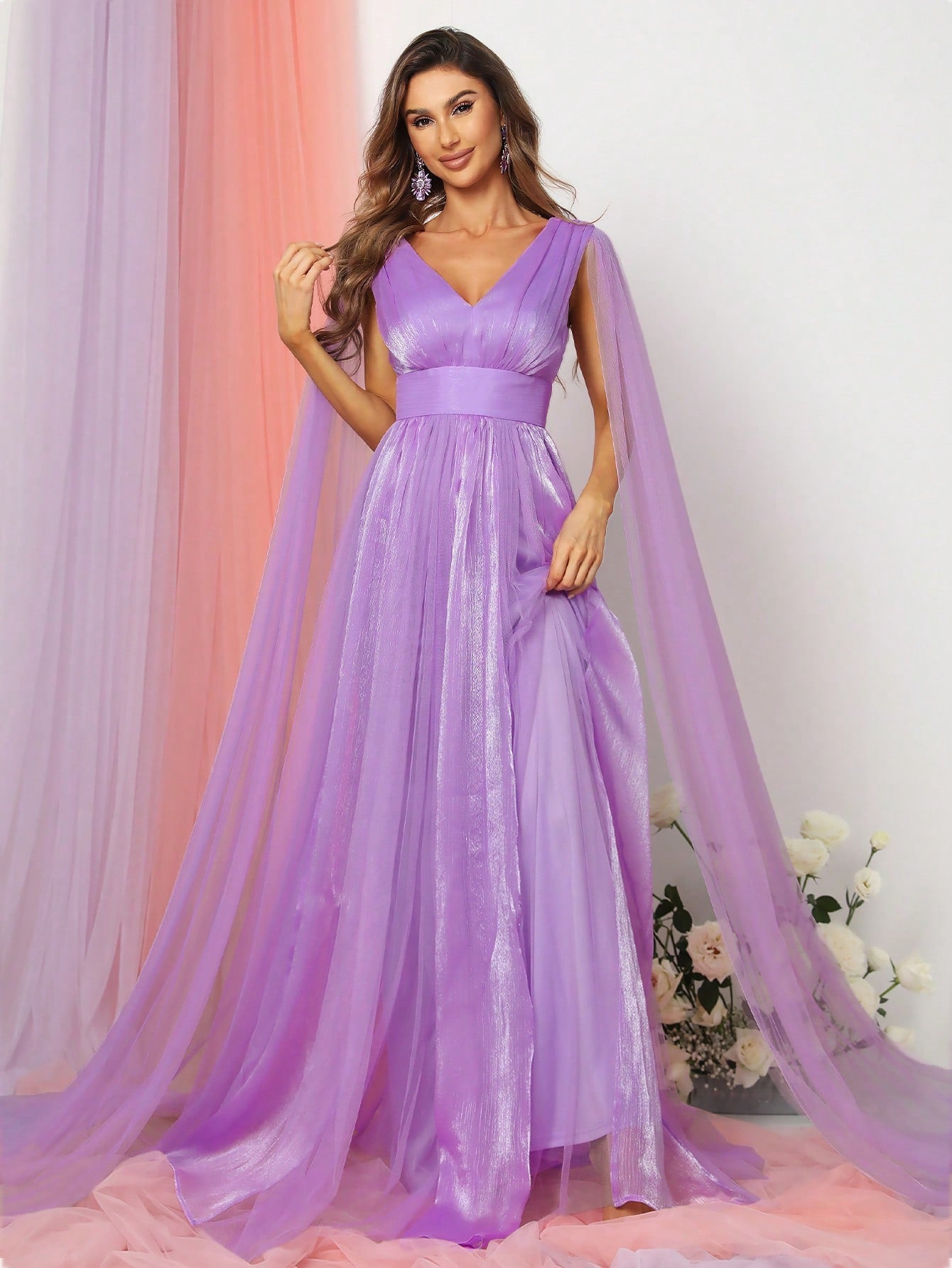 Plunging Neck A Line Bridesmaid dress With Cape Purple / L Plunging Neck A Line Bridesmaid dress With Cape Purple / L