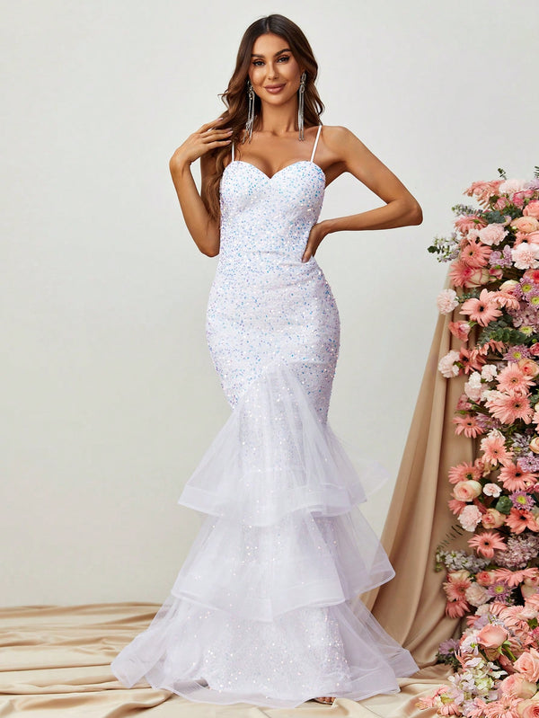 Spaghetti Strap Back Cut Out Sequin Layered Mermaid Dress