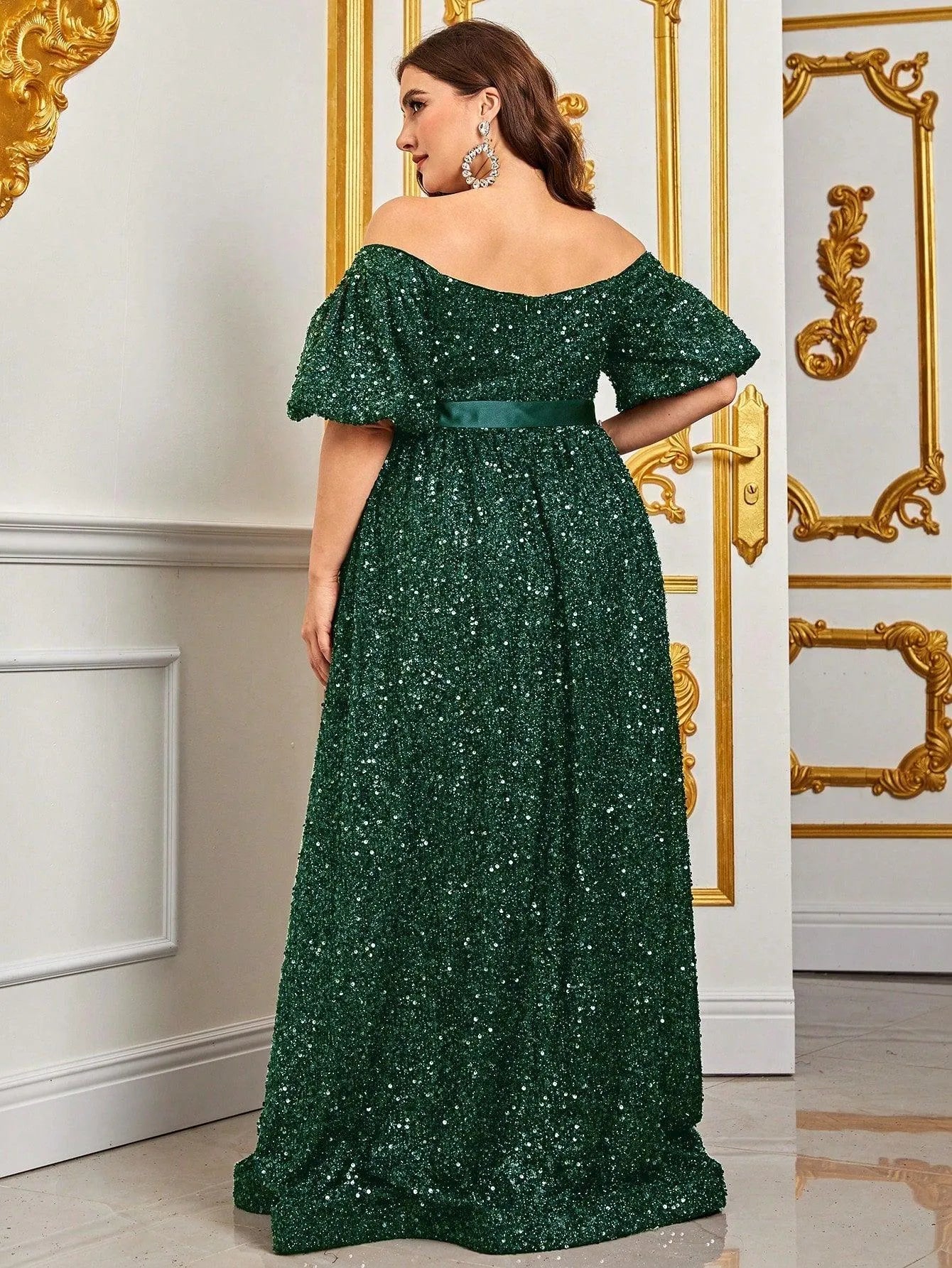 Plus Off Shoulder Puff Sleeves Sequin Formal Dress Black / 3XL Plus Off Shoulder Puff Sleeves Sequin Formal Dress Black / 3XL