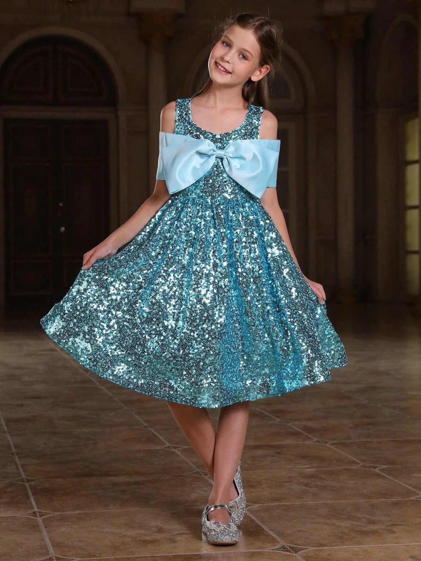 Tween Girls' Bow Detail Sequin Party Dress Blue / 10Y Tween Girls' Bow Detail Sequin Party Dress Blue / 10Y