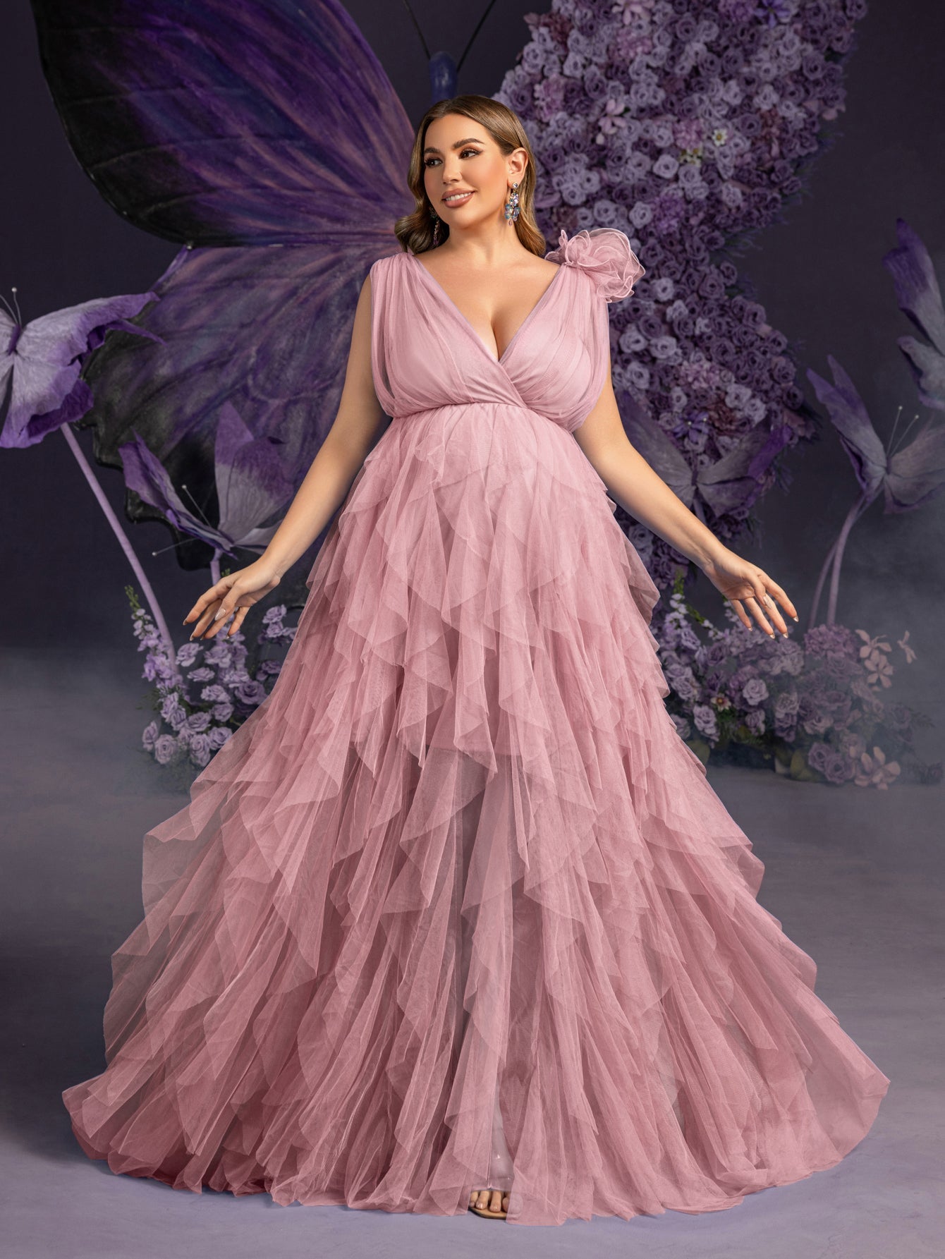 Plus Maternity Plunging Neck Stereo Flower Mesh Overlay Party Dress