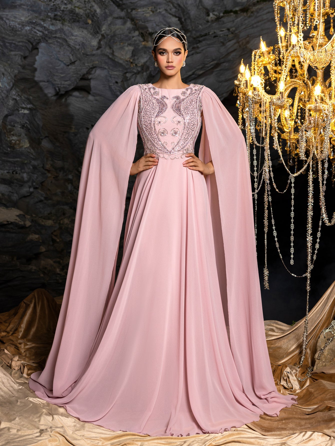 Embroidered Bodice with Dramatic Cape Sleeves