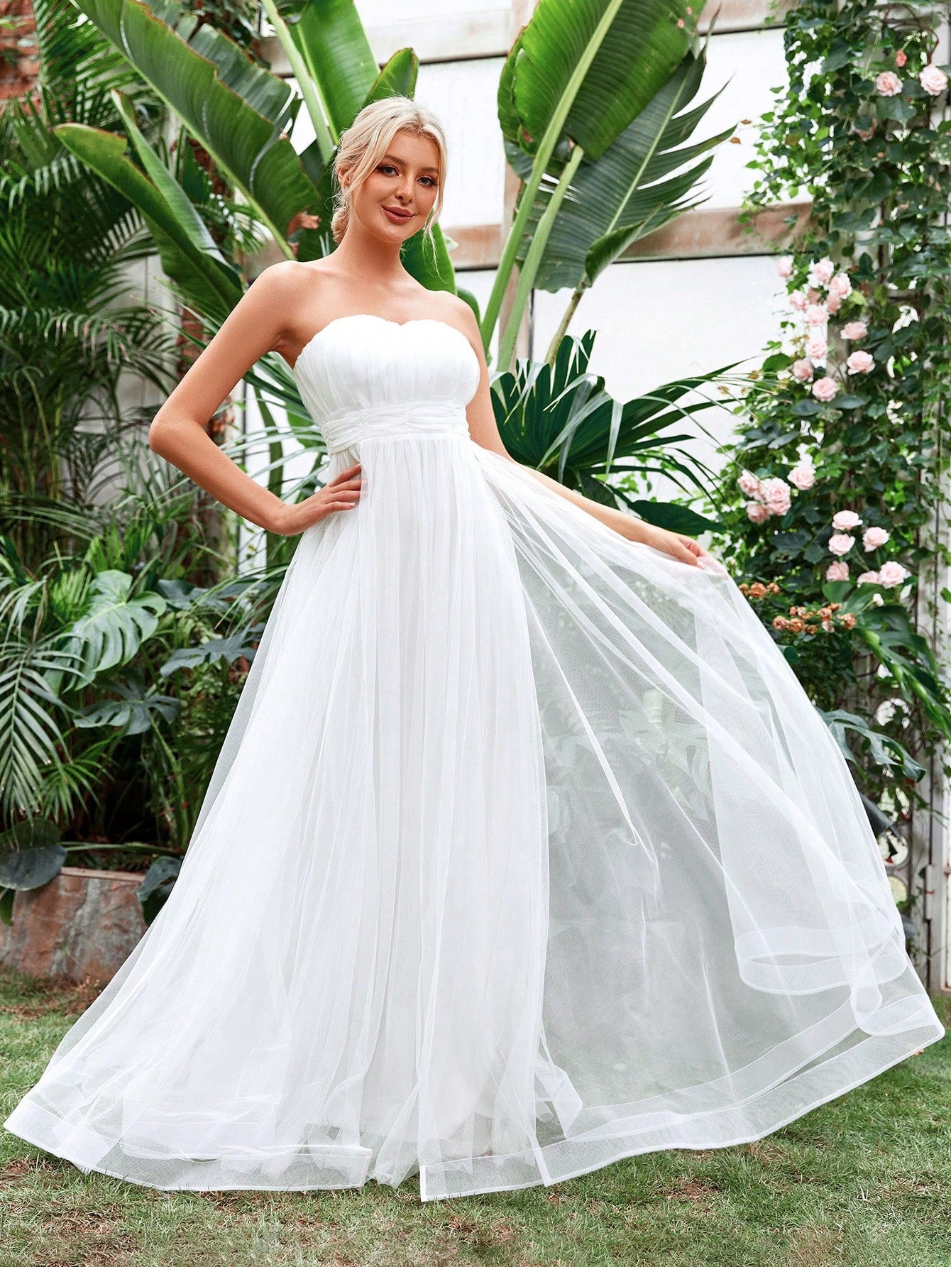 Ruched Waist Mesh Tube Wedding Dress White / XS Ruched Waist Mesh Tube Wedding Dress White / XS