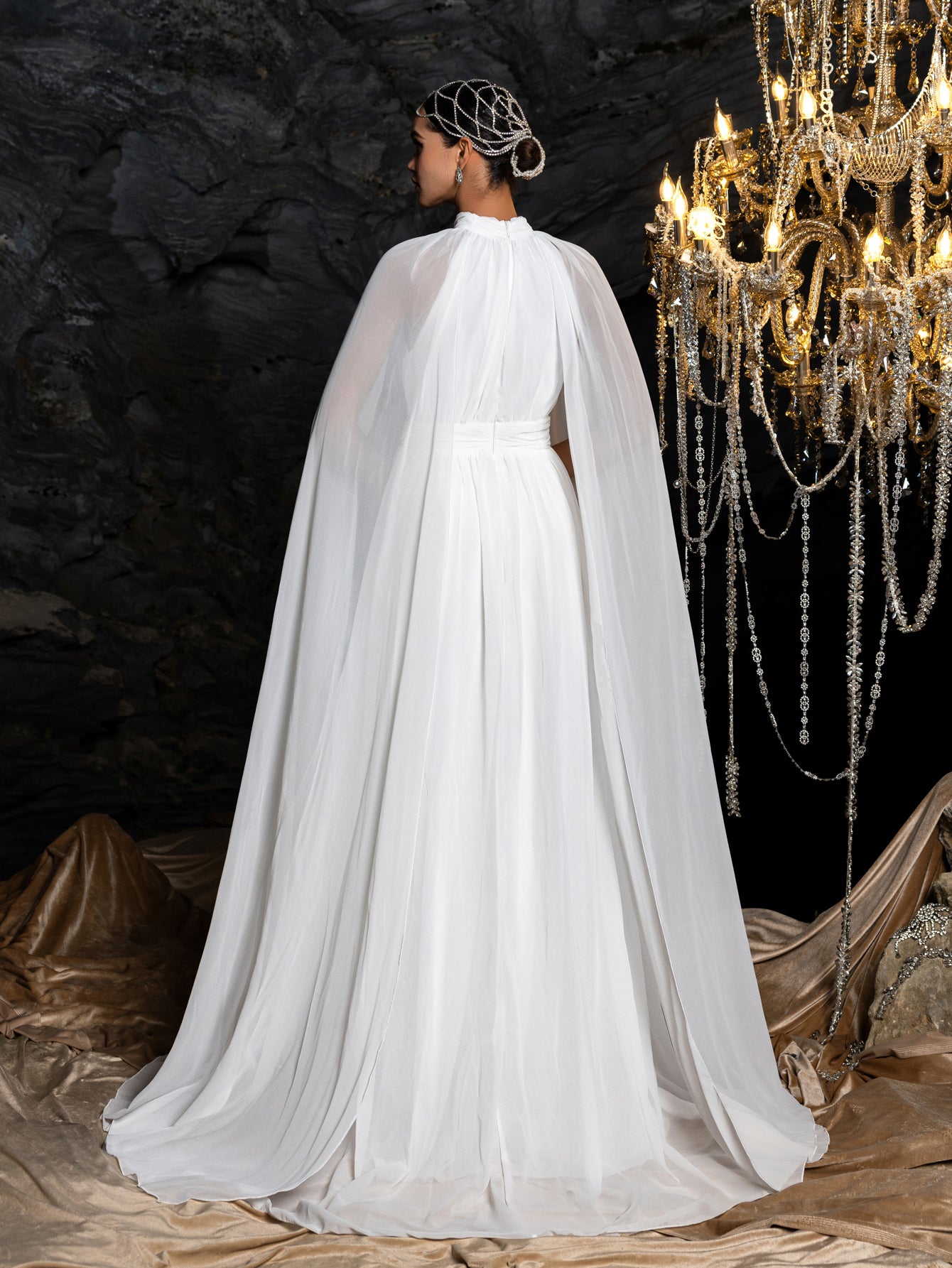 Elegant Mock Neck Cloak Sleeve Chiffon Formal Dress