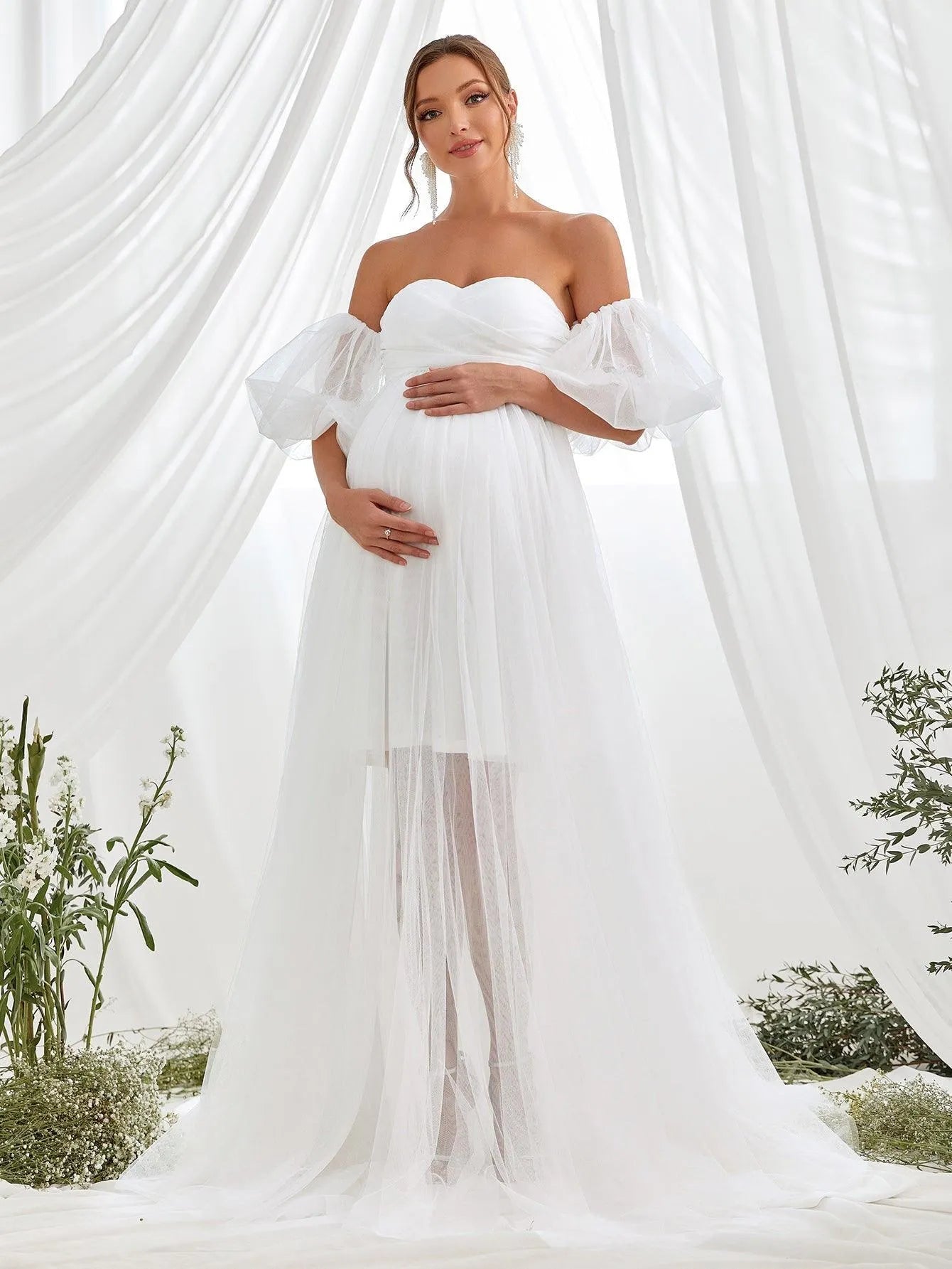 Maternity Off Shoulder Puff Sleeve Mesh Overlay Dress – Faeriesty Maternity Off Shoulder Puff Sleeve Mesh Overlay Dress – Faeriesty