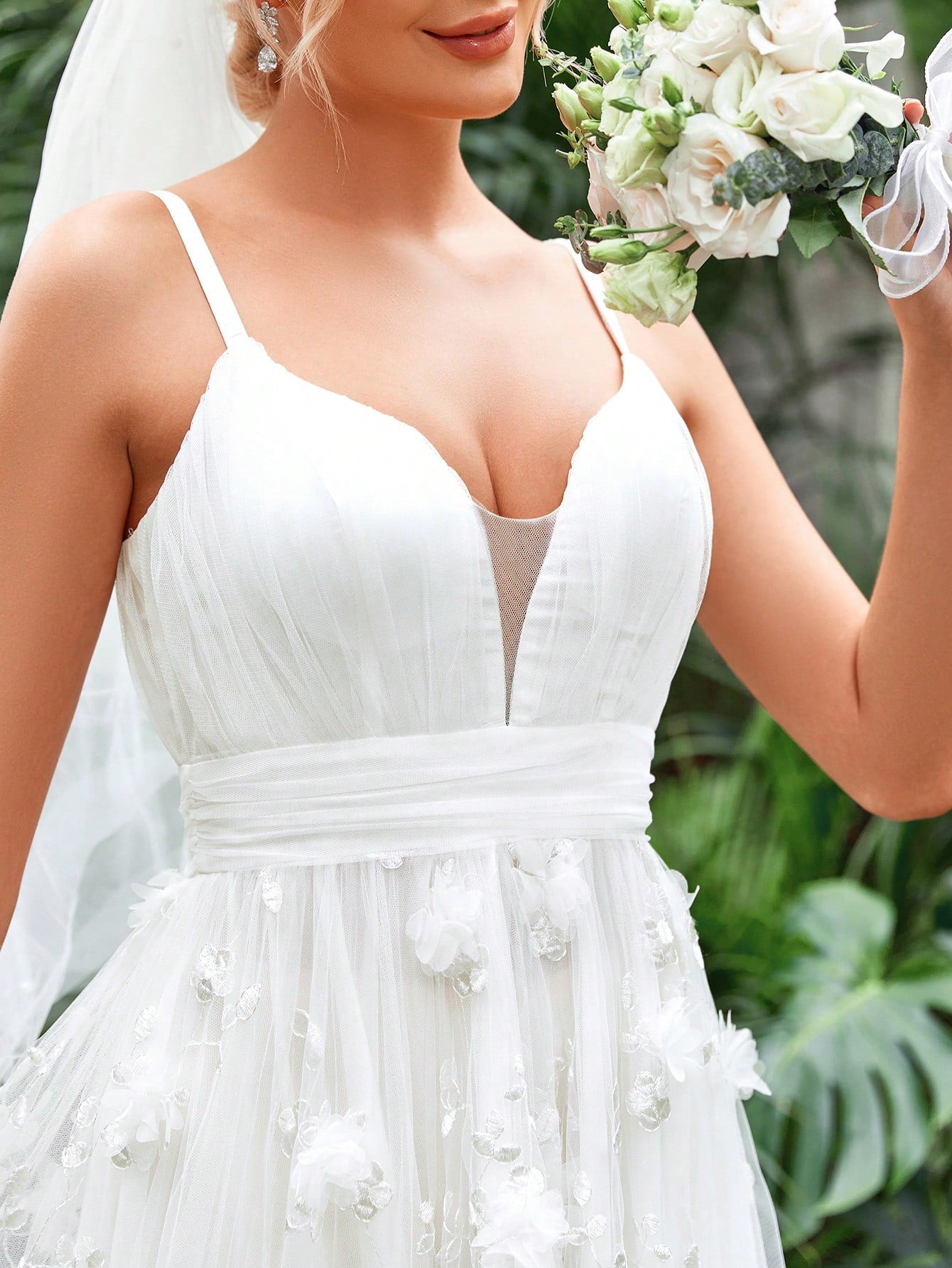 Plunging Neck Floral Applique Mesh Cami Wedding Dress