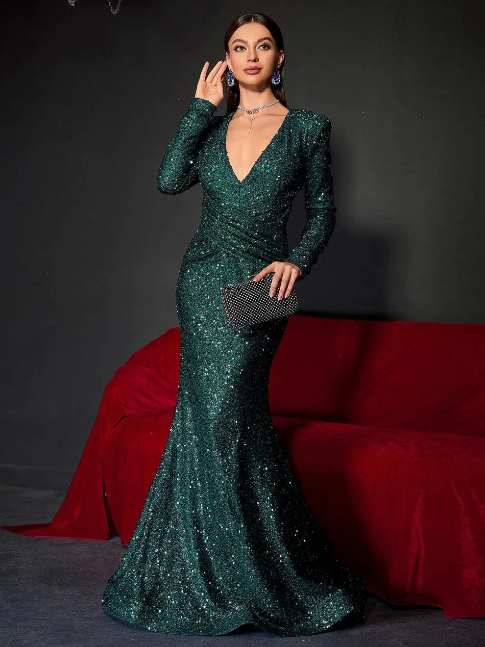 Plunging Neck Long Sleeve Sequin Mermaid Dresses Faeriesty Plunging Neck Long Sleeve Sequin Mermaid Dresses Faeriesty