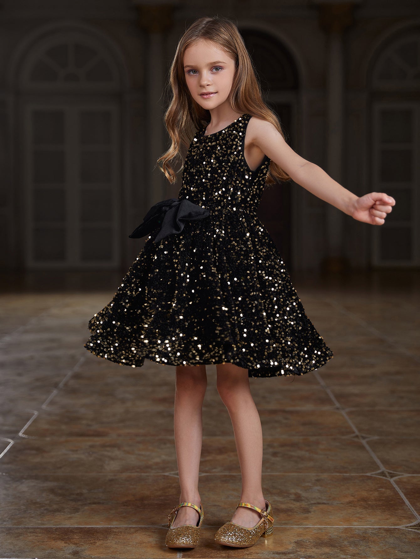 Girl's Cute Sleeveless Bow Front Sequin A Line Dress