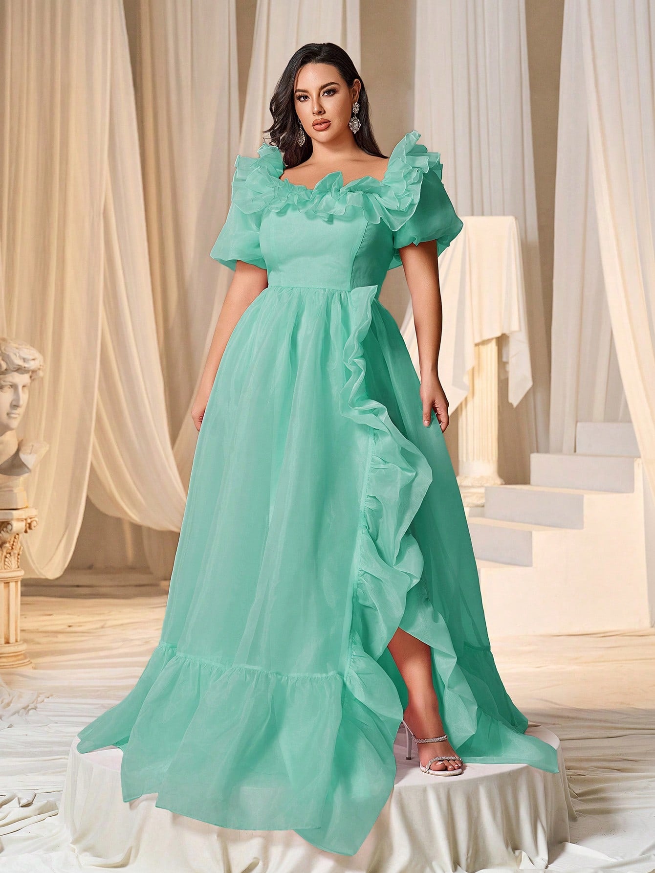 Plus Square Collar Ruffle Trim Puff Sleeves Organza Prom Dress