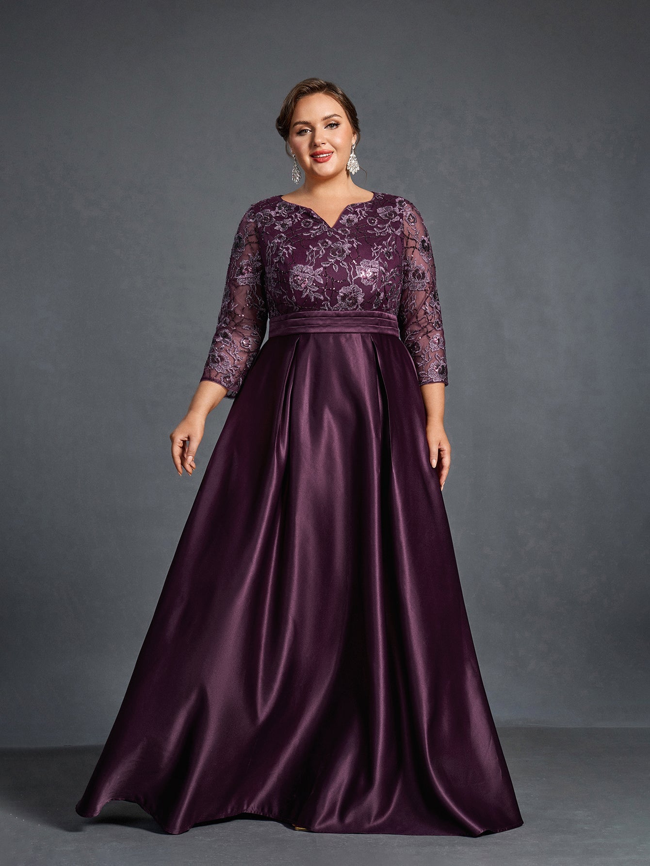 Plus Womens' Evening Gown: Allover Sequin-Embroidered Bodice & Satin A-Line Skirt – Elegant Formal Dress for Black-Tie Events