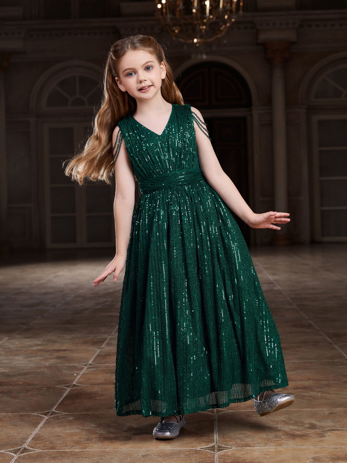 Tween Girls' V Neck Chain Detail Sequin Party Dress Dark Green / 11Y Tween Girls' V Neck Chain Detail Sequin Party Dress Dark Green / 11Y