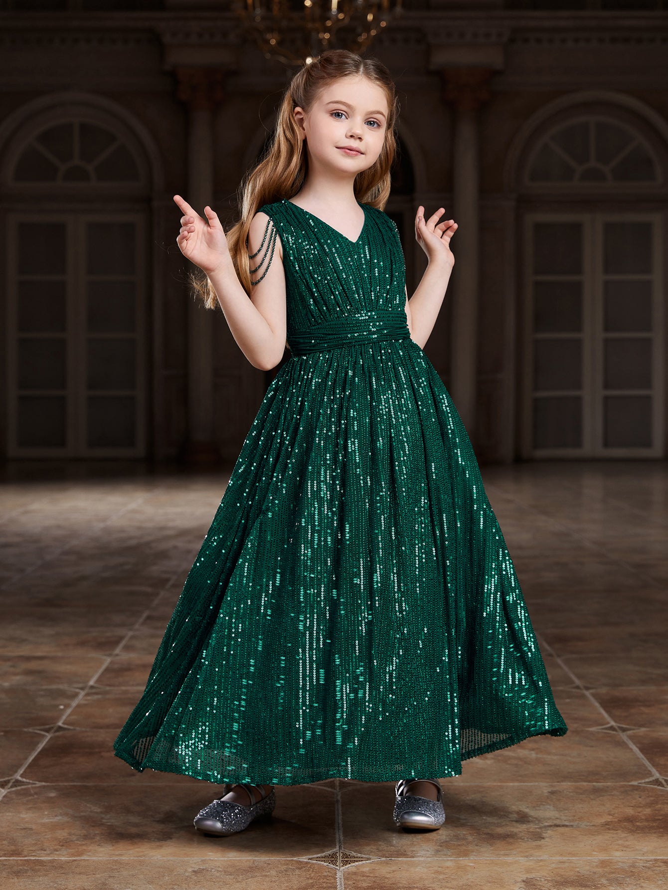 Tween Girls' V Neck Chain Detail Sequin Party Dress Dark Green / 11Y Tween Girls' V Neck Chain Detail Sequin Party Dress Dark Green / 11Y
