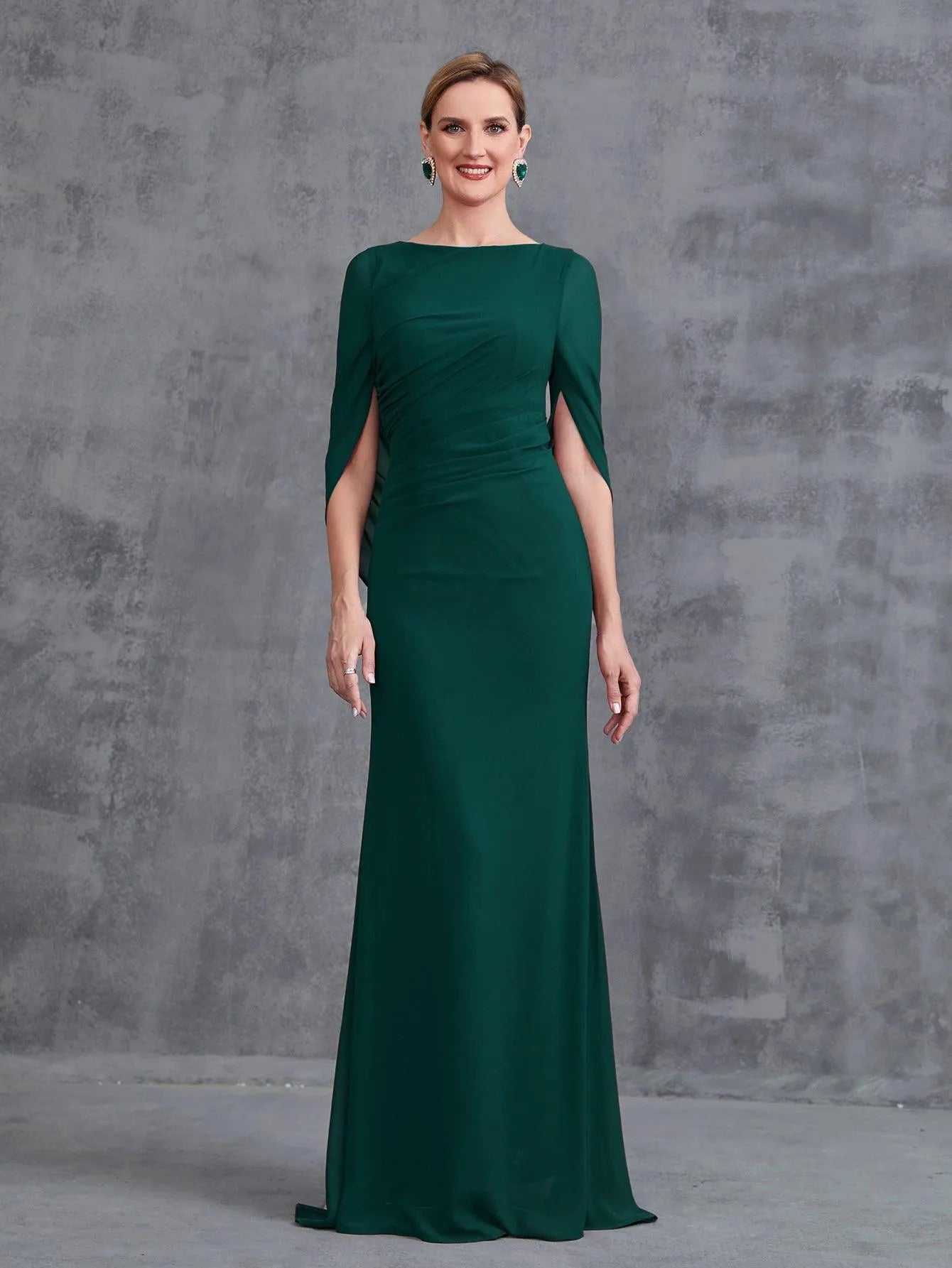 hemming chiffon prom dress Half Sleeves A Line Chiffon Long Prom Dress