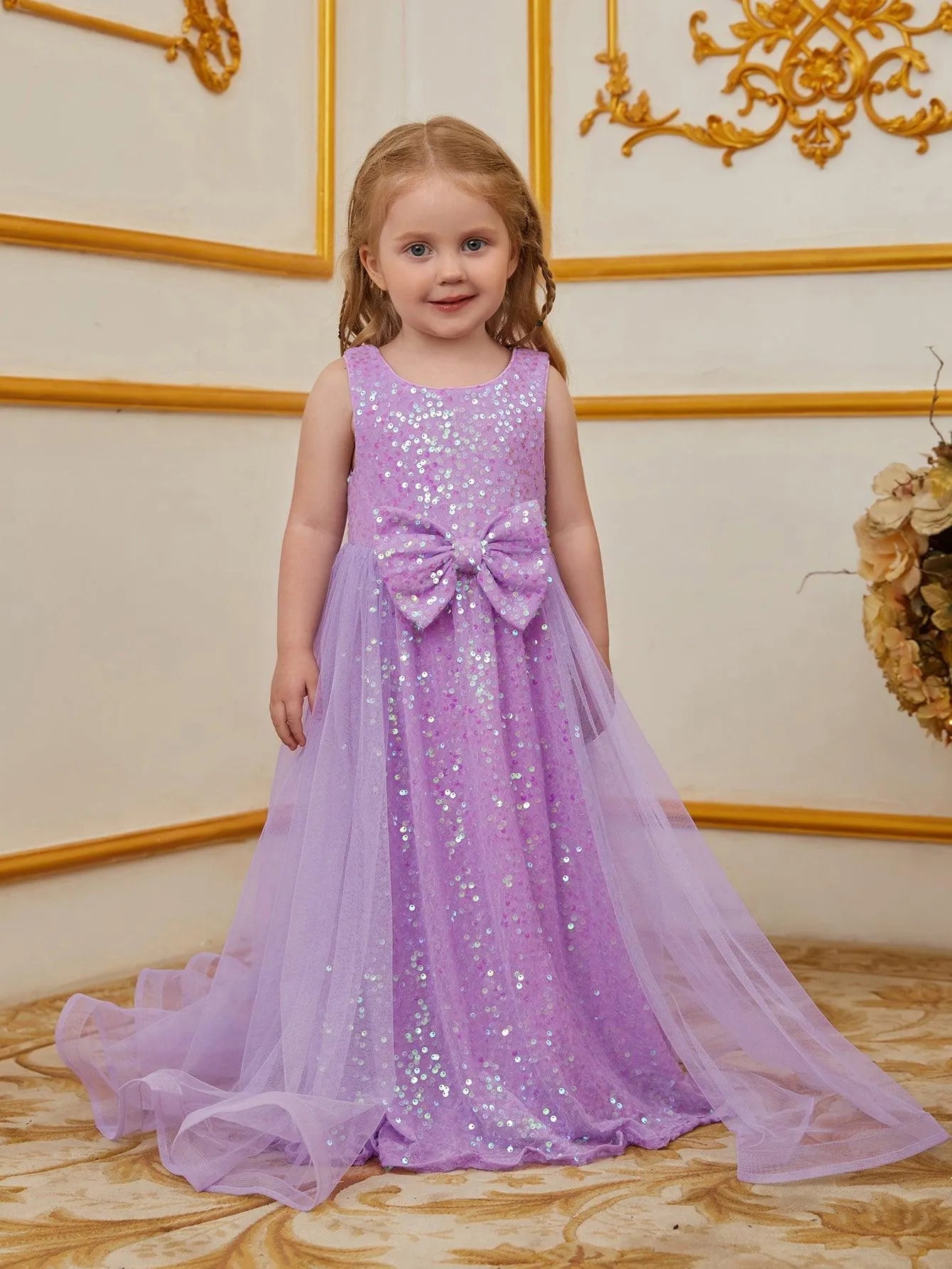 mesh overlay sequin dress Young Girls' Round Neck Sleeveless Mesh Overlay Sequin Dress Green / 7Y
