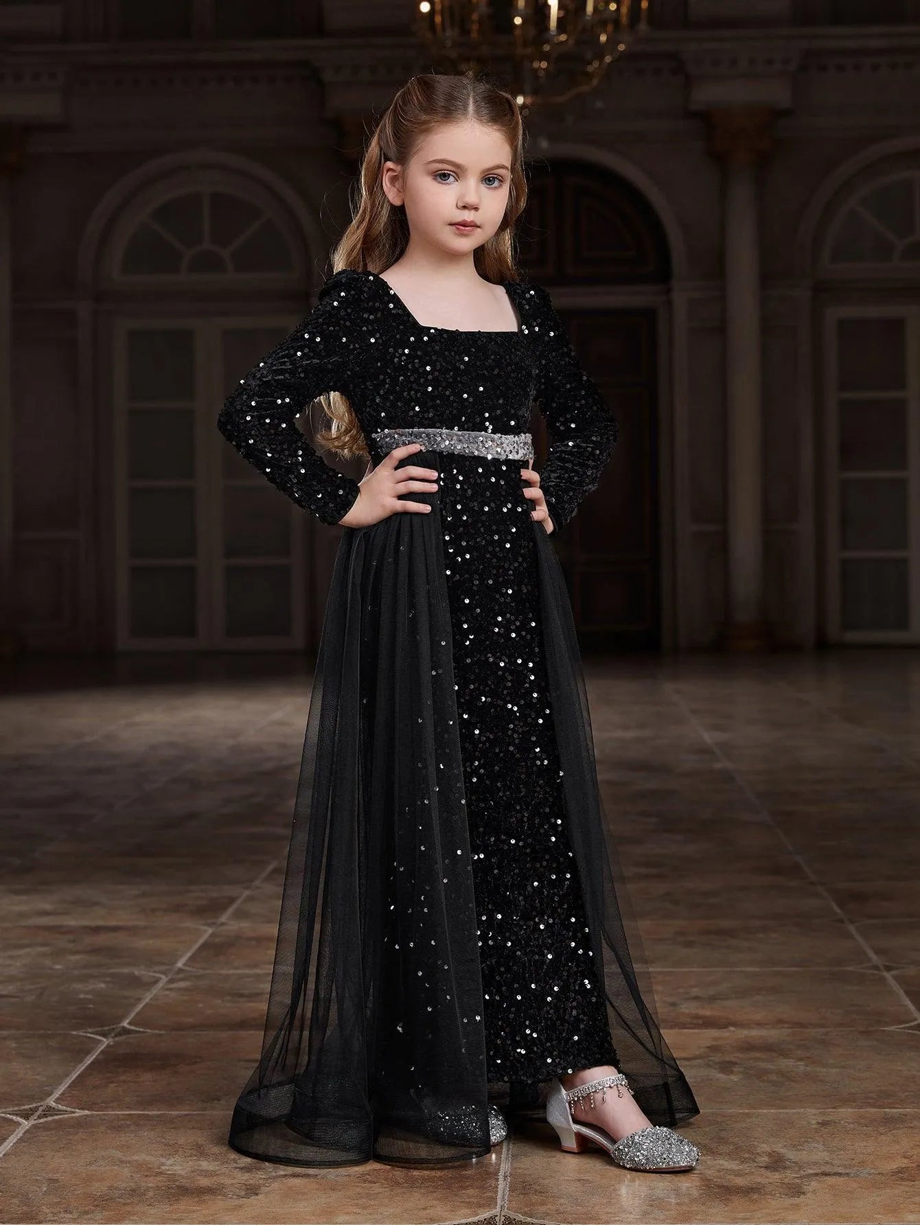 Tween Girls' Square Collar Long Sleeves Sequin Mermaid Dress Red / 11Y Tween Girls' Square Collar Long Sleeves Sequin Mermaid Dress Red / 11Y