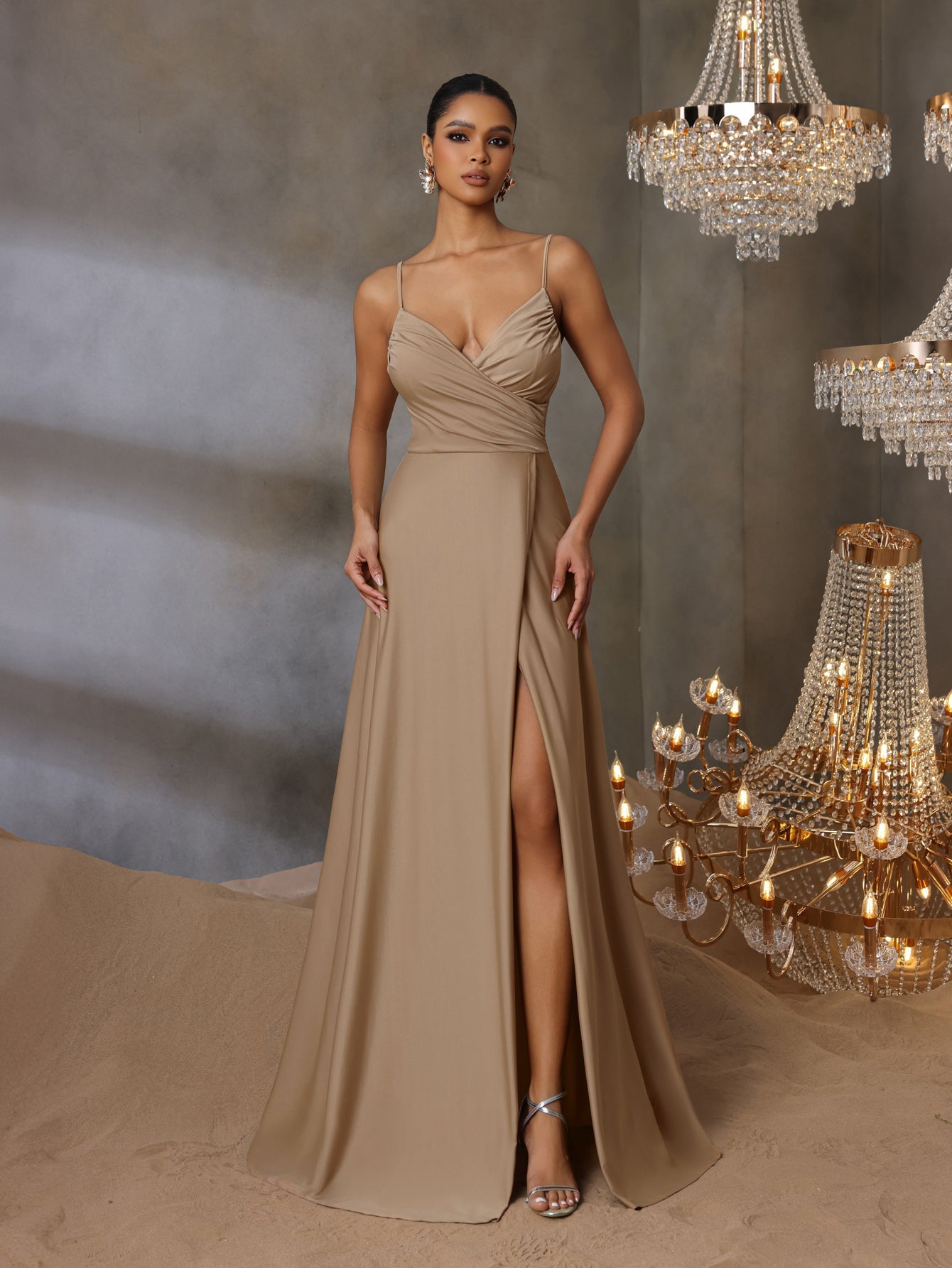 Solid V Neck Split Thigh Cami Bridesmaid Dress, Khaki / S