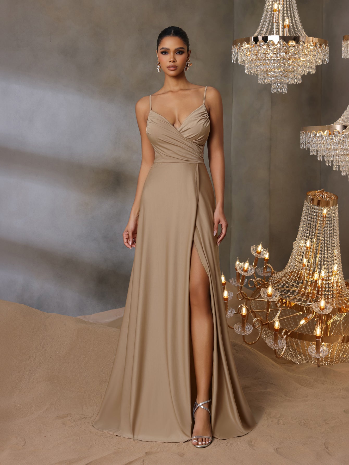 Solid V Neck Split Thigh Cami Bridesmaid Dress, Khaki / S