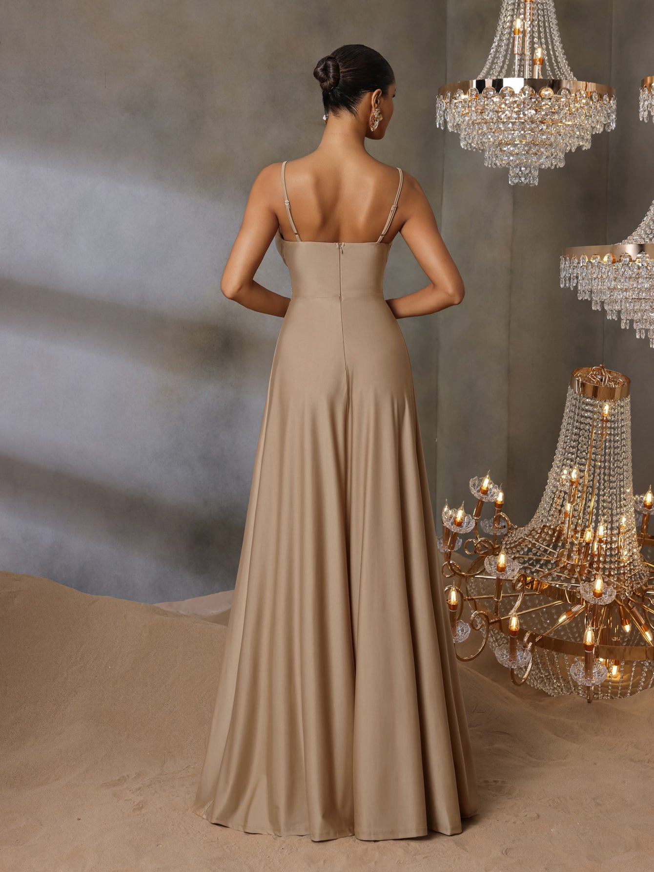 Solid V Neck Split Thigh Cami Bridesmaid Dress, Khaki / S