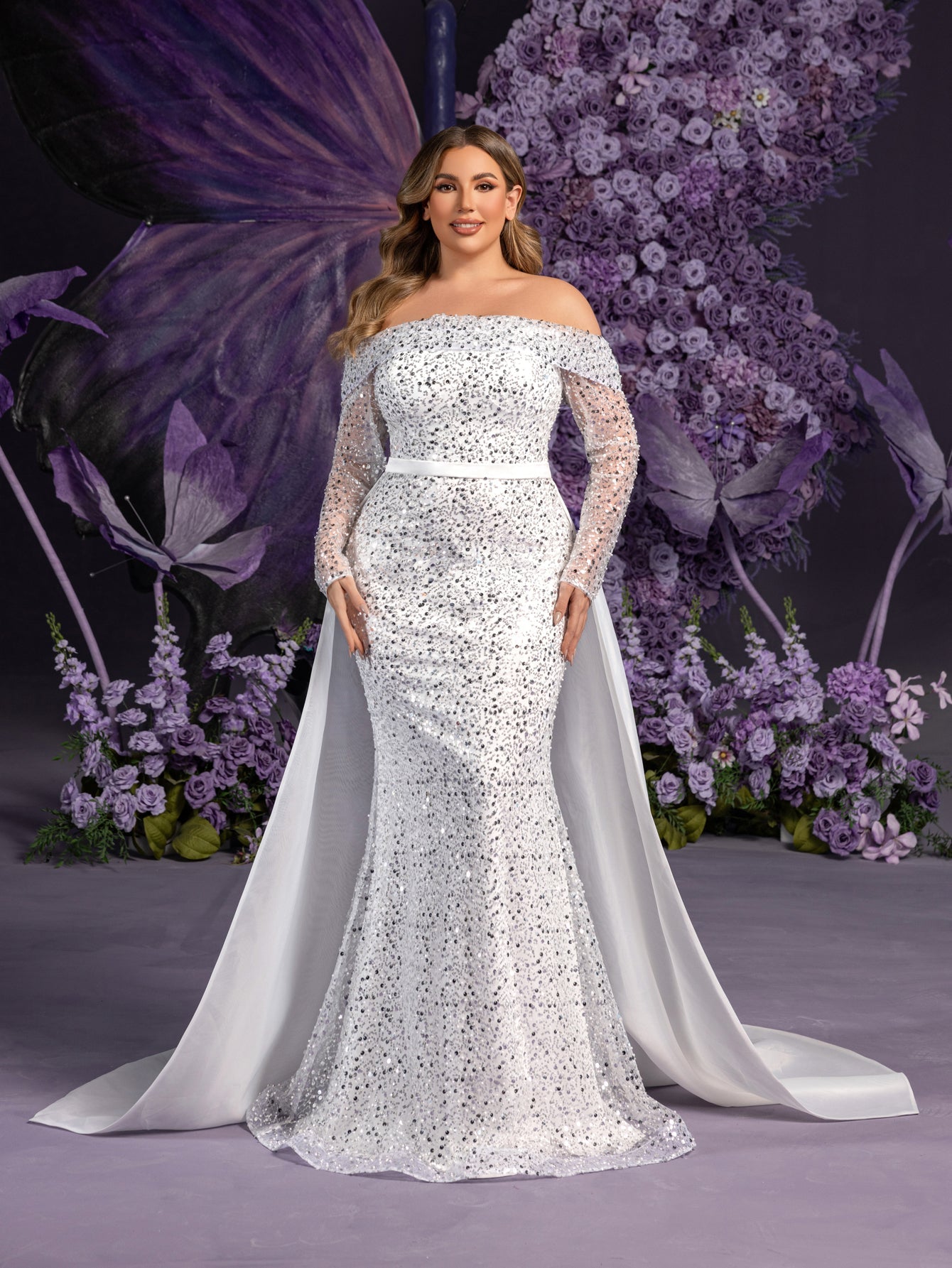 Plus Gorgeous Off Shoulder Sheer Sleeves Mermaid Hem Sequin Wedding Dress with Satin Train