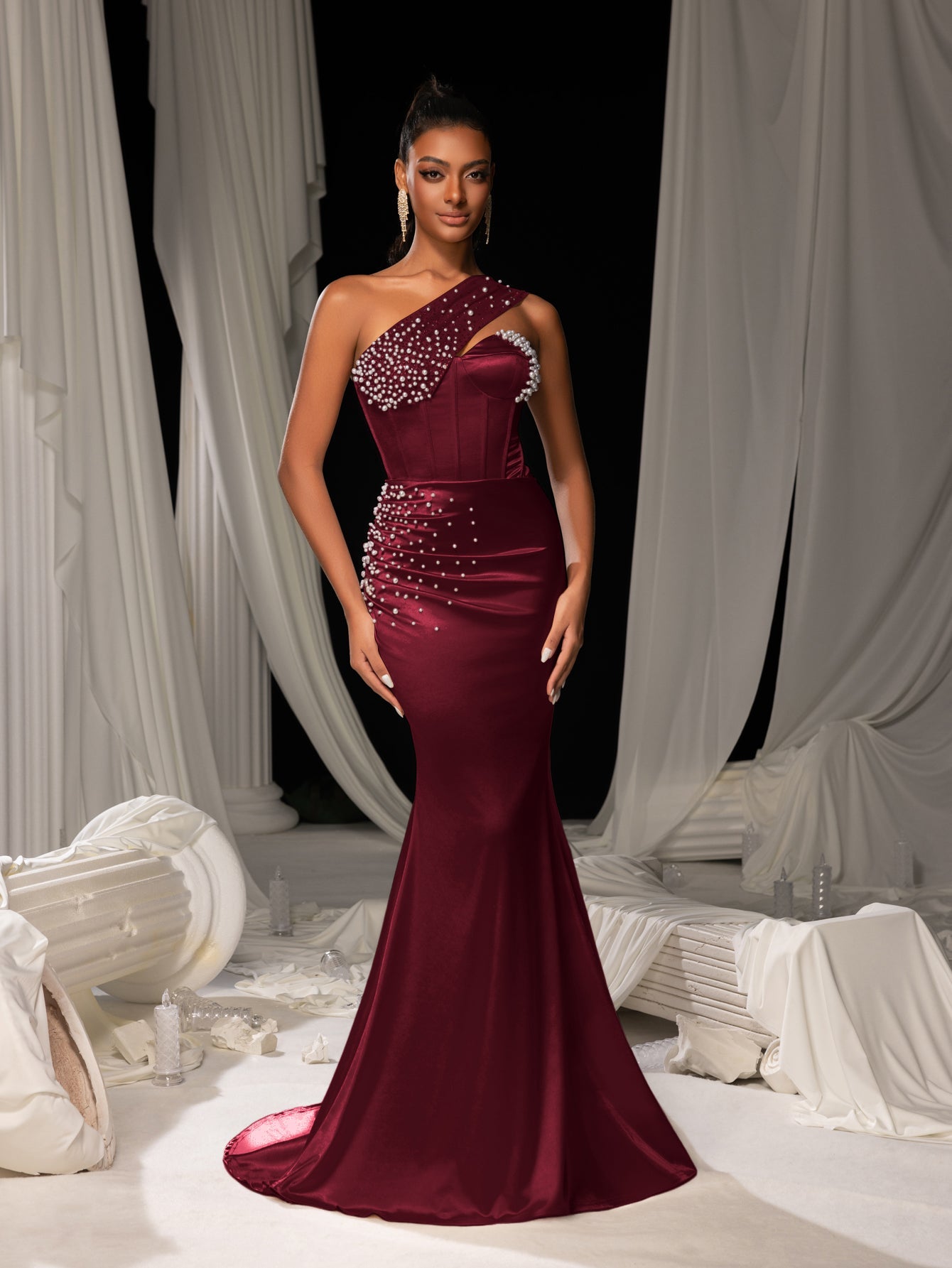 Elegant One Shoulder Mermaid Hem Satin Evening Dress with Pearl Accents