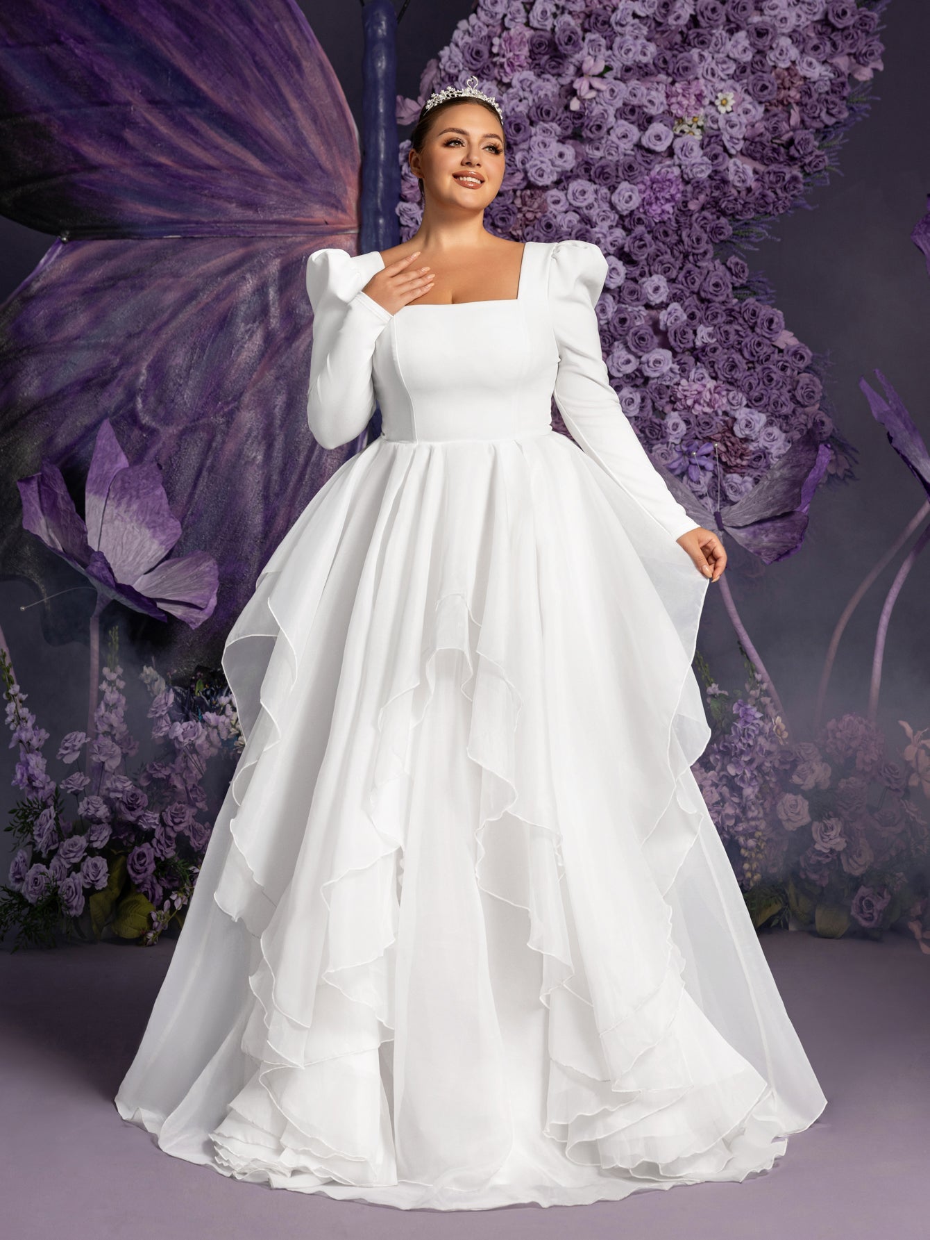 Elegant Square Collar Layered Ruffle Hem Wedding Dress White / 2XL Elegant Square Collar Layered Ruffle Hem Wedding Dress White / 2XL