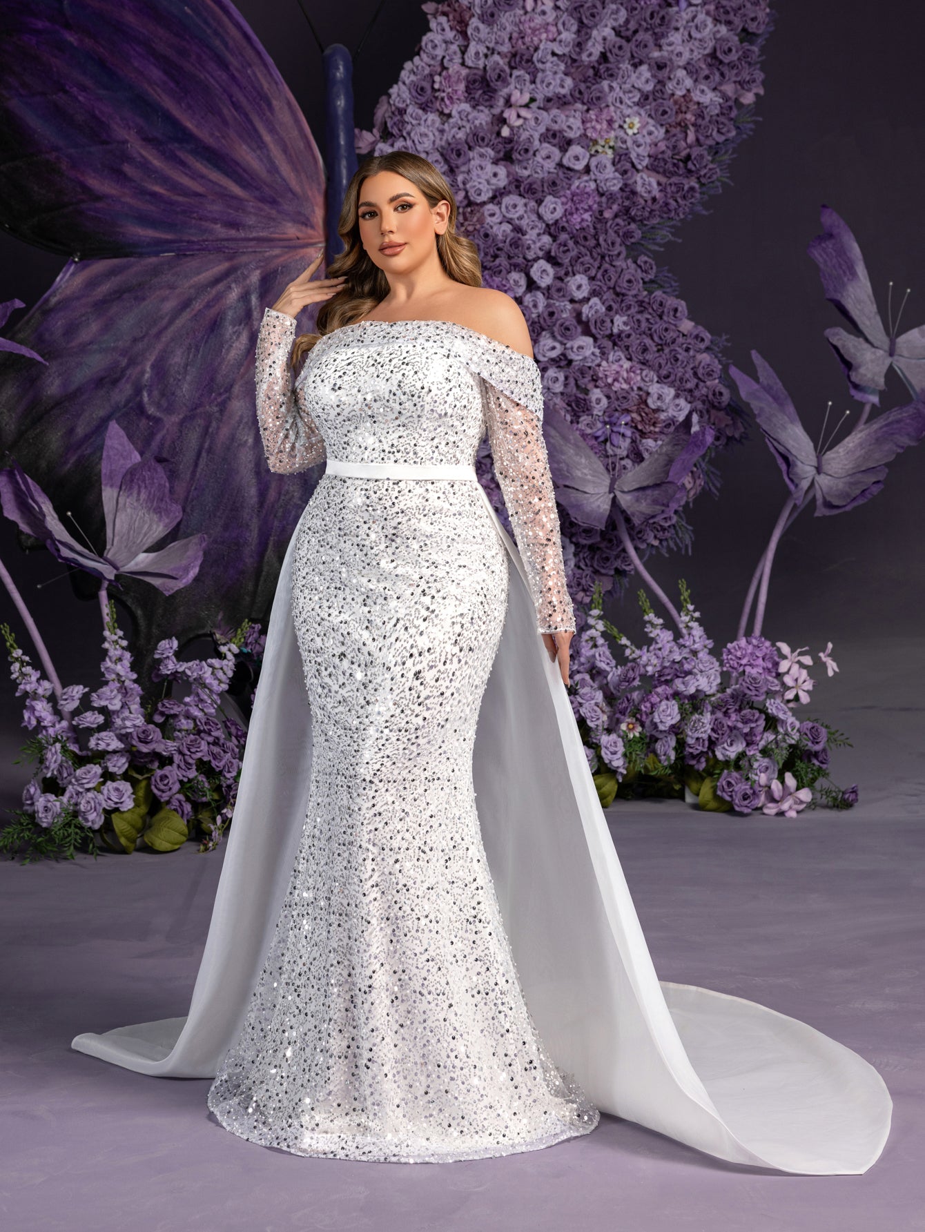 Plus Gorgeous Off Shoulder Sheer Sleeves Mermaid Hem Sequin Wedding Dress with Satin Train