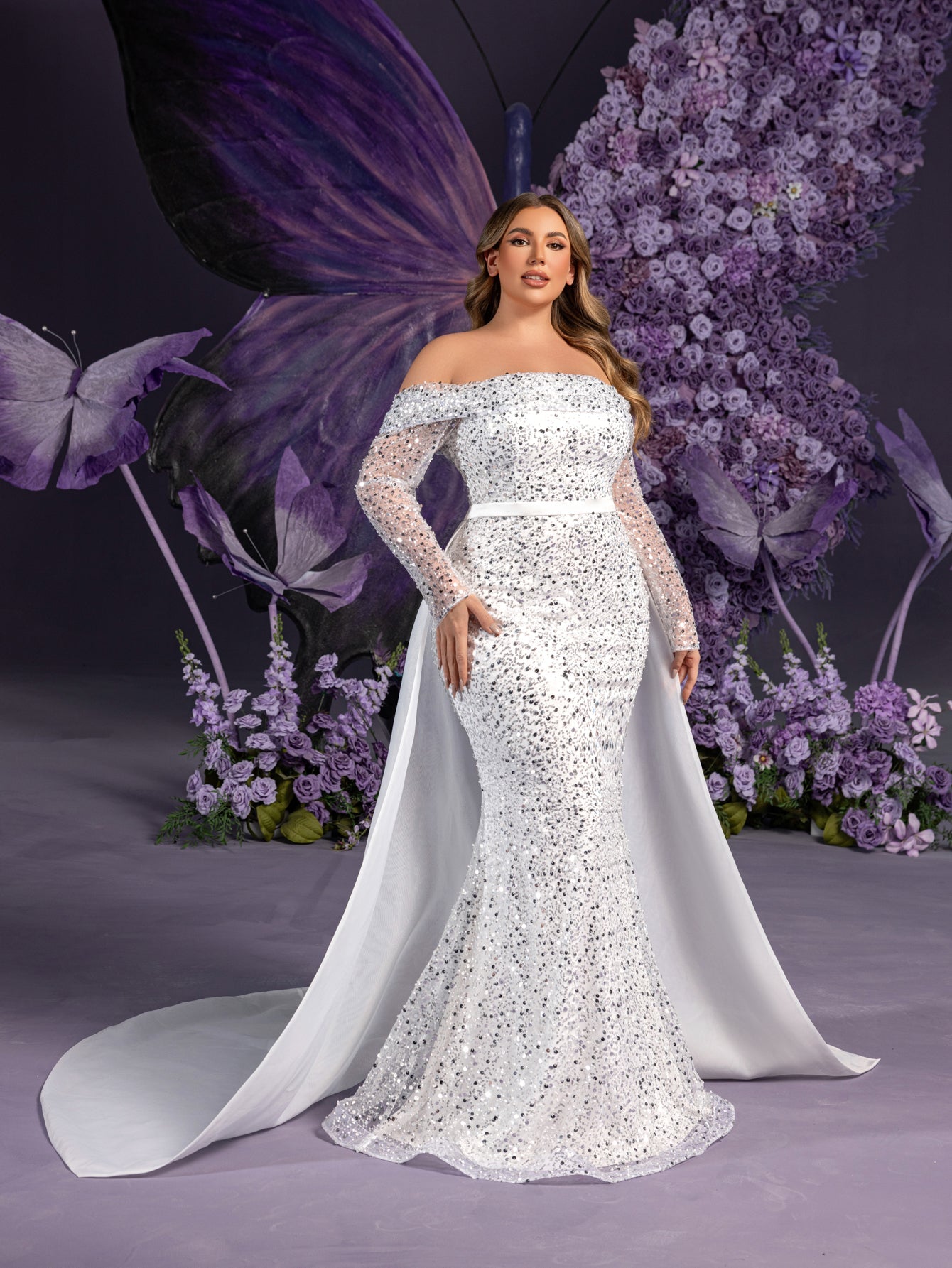 Plus Gorgeous Off Shoulder Sheer Sleeves Mermaid Hem Sequin Wedding Dress with Satin Train