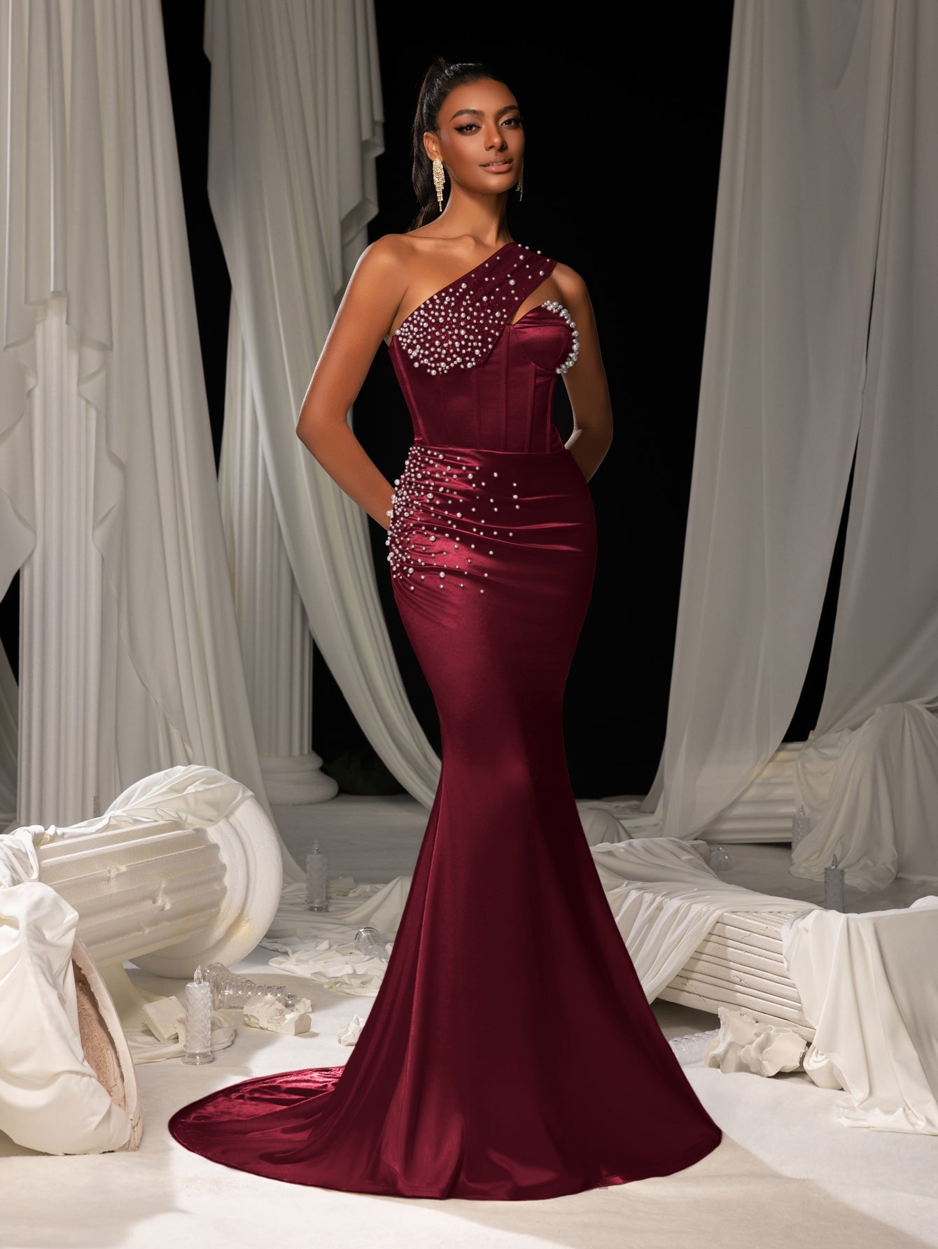 Elegant One Shoulder Mermaid Hem Satin Evening Dress with Pearl Accents