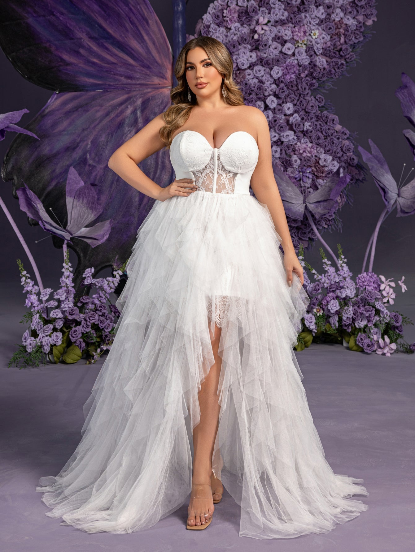 Plus Elegant Strapless Sweetheart White Bridal Gowns: Tiered Tulle Sk White / 3XL