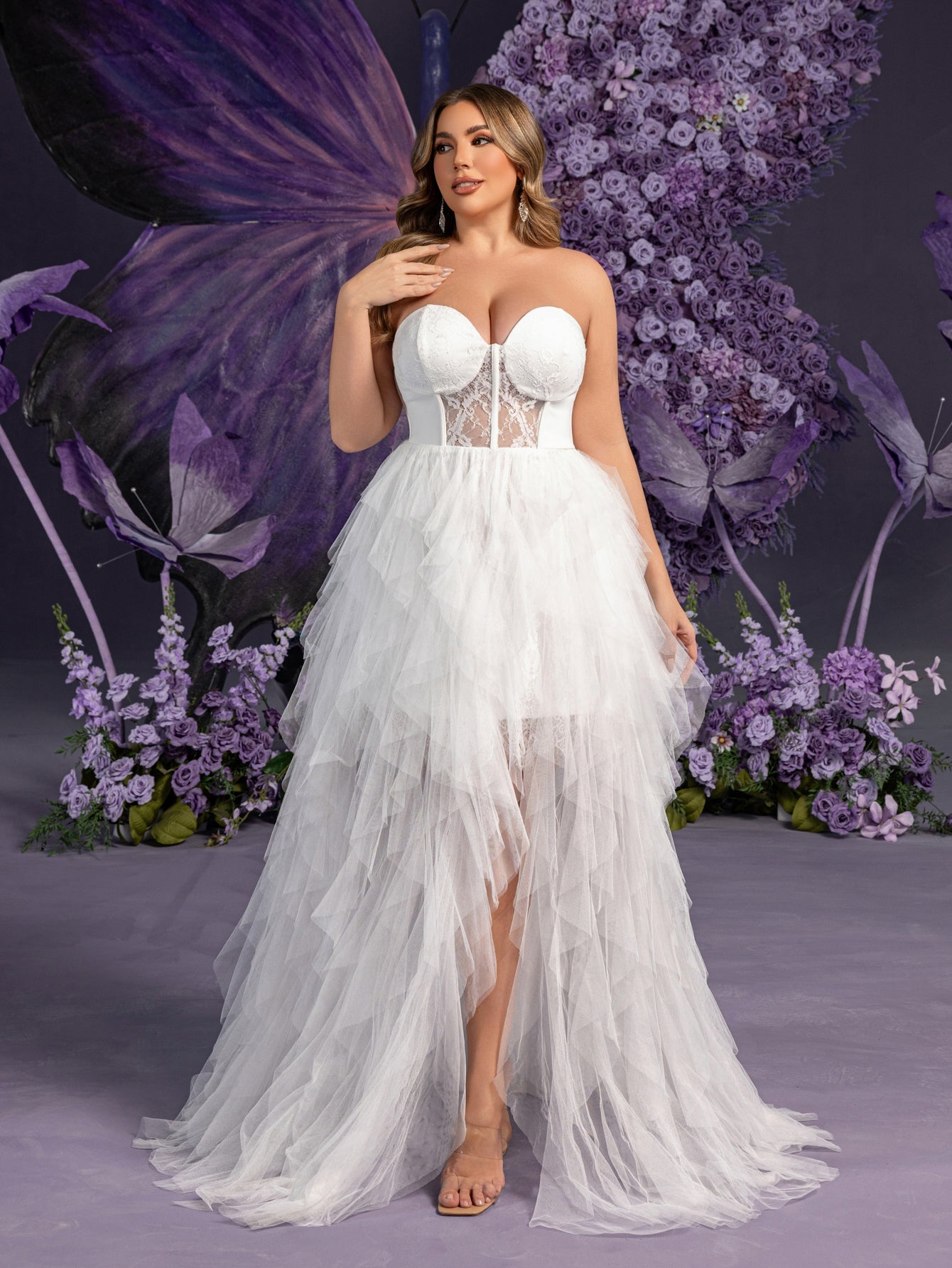 Plus Elegant Strapless Sweetheart White Bridal Gowns: Tiered Tulle Skirt with Thigh-High Slit & Corset Bodice – Elegant 1XL-5XL Wedding Dresses