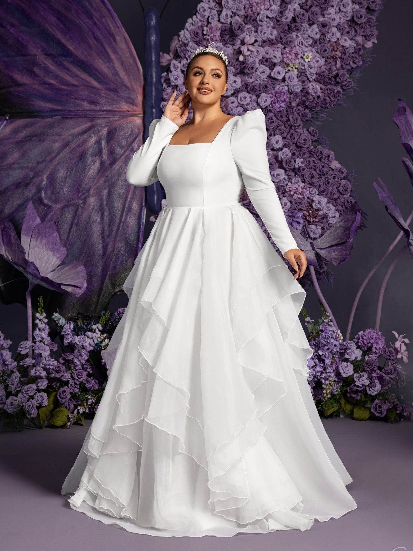 Elegant Square Collar Layered Ruffle Hem Wedding Dress White / 2XL Elegant Square Collar Layered Ruffle Hem Wedding Dress White / 2XL