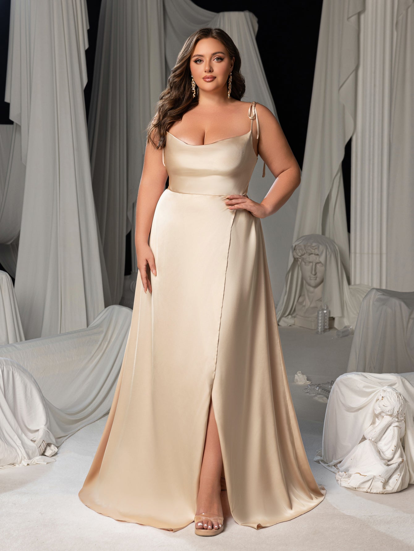 Plus Satin Spaghetti Straps Formal Evening Dress with High Slit