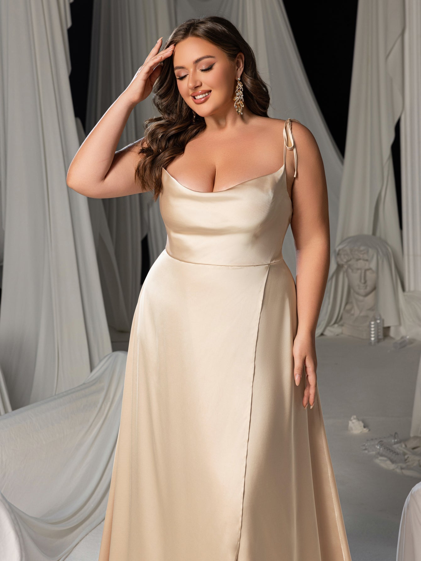 Plus Satin Spaghetti Straps Formal Evening Dress with High Slit