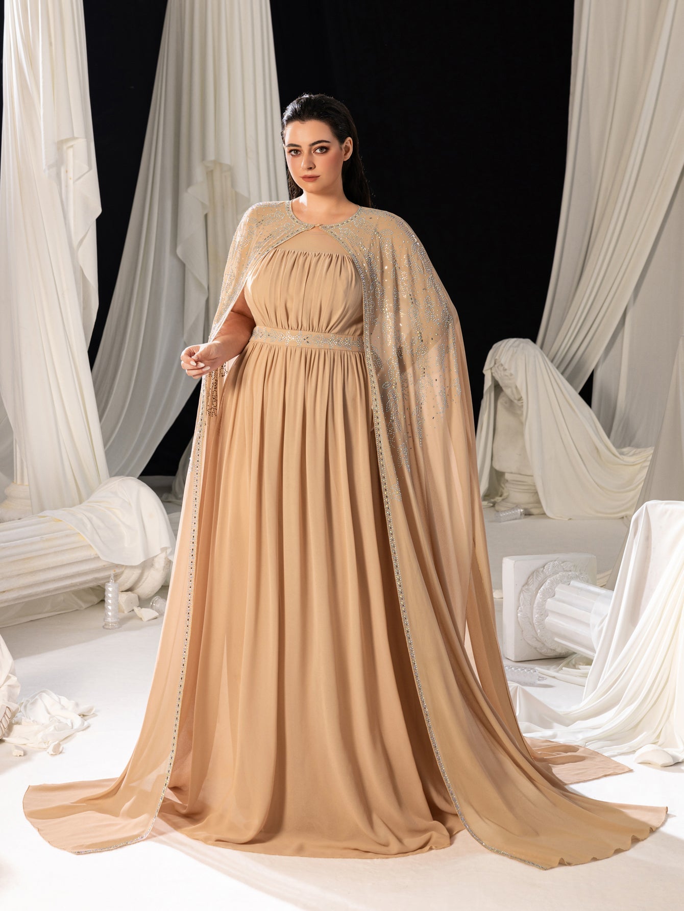 Rhinestone Cape Sleeves & A-Line Skirt with Cathedral Train