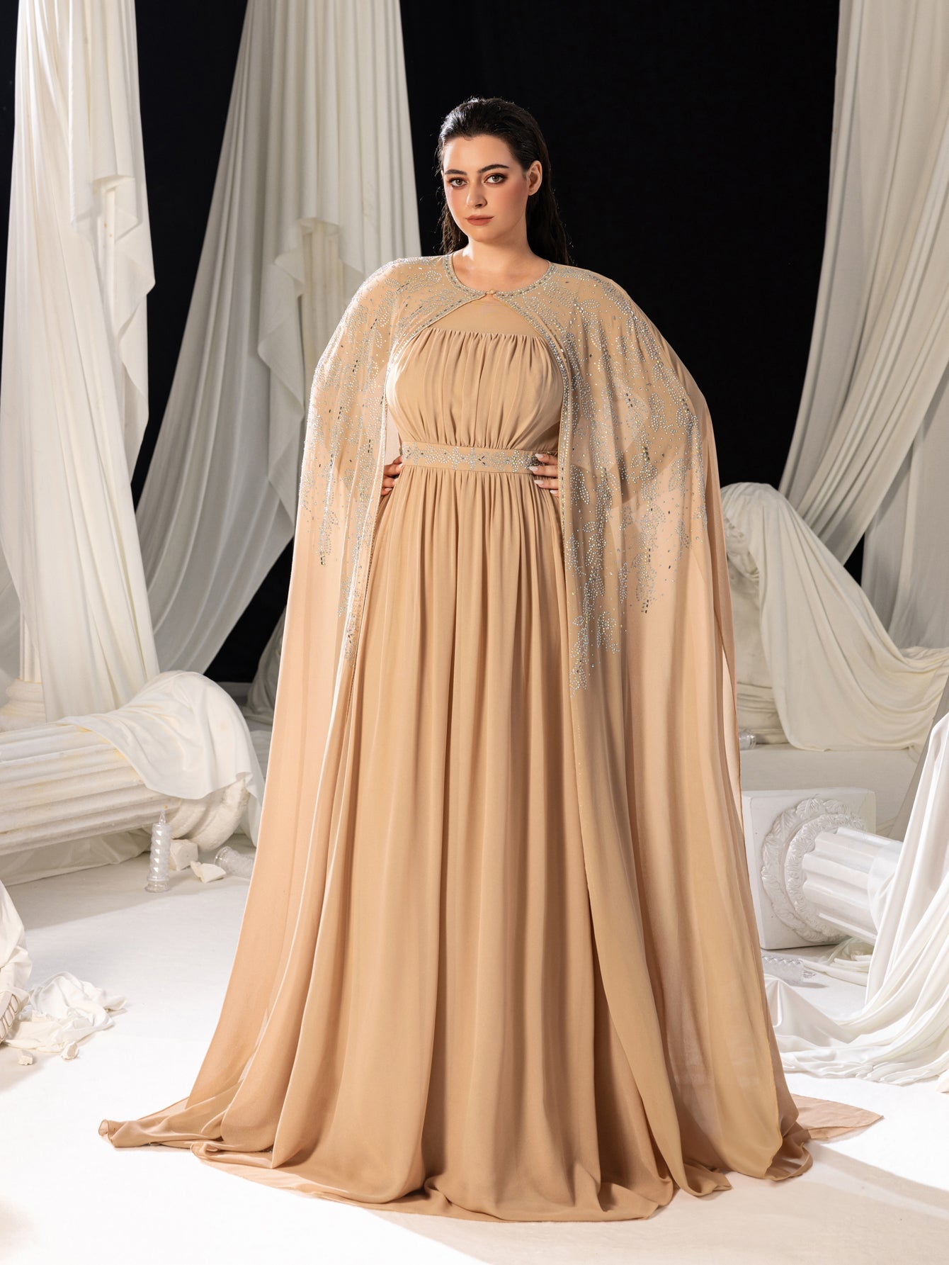 Rhinestone Cape Sleeves & A-Line Skirt with Cathedral Train