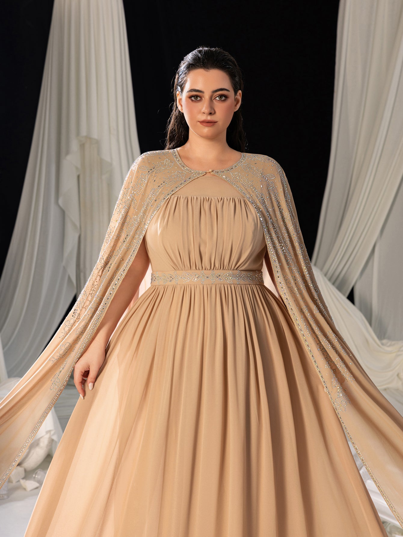 Rhinestone Cape Sleeves & A-Line Skirt with Cathedral Train