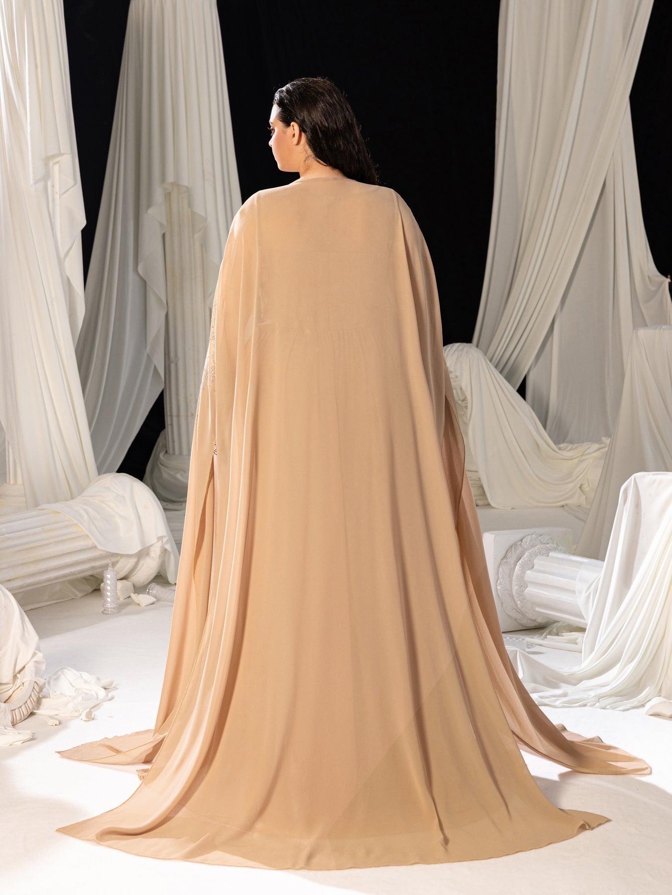 Rhinestone Cape Sleeves & A-Line Skirt with Cathedral Train