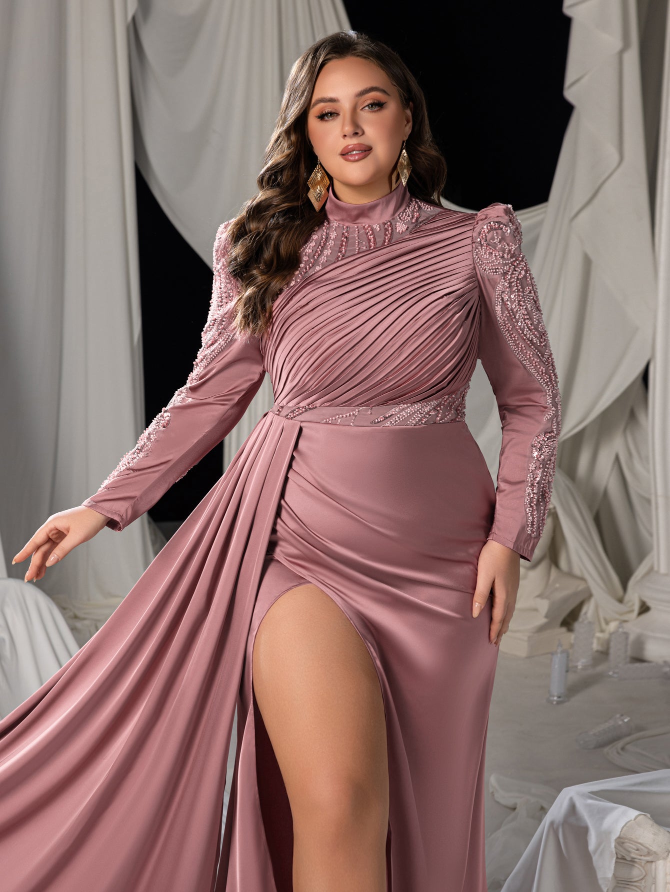Plus High-Neck Long-Sleeve Beaded Mermaid Gown with High Slit & Floor-Length Train
