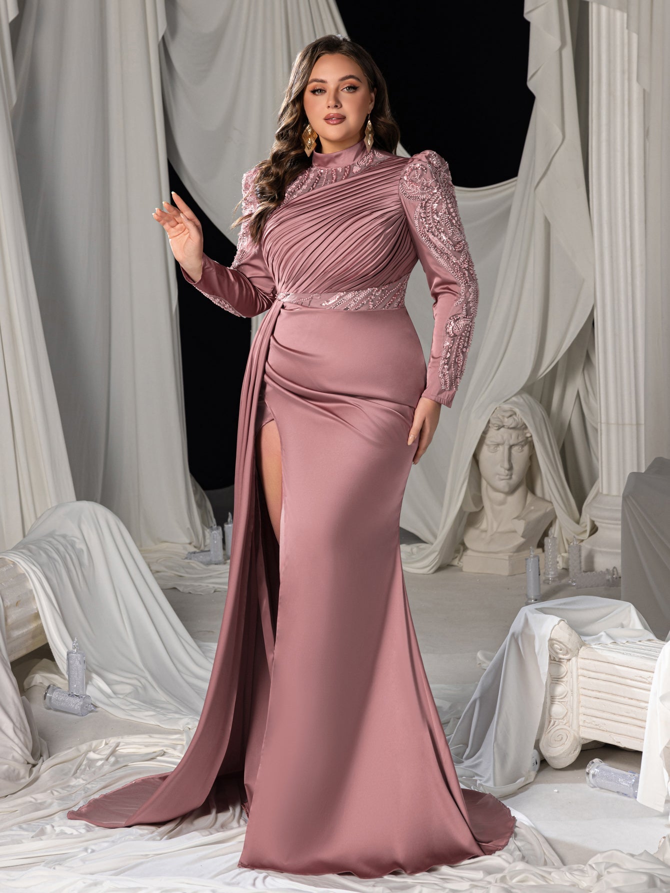 Plus High-Neck Long-Sleeve Beaded Mermaid Gown with High Slit & Floor-Length Train