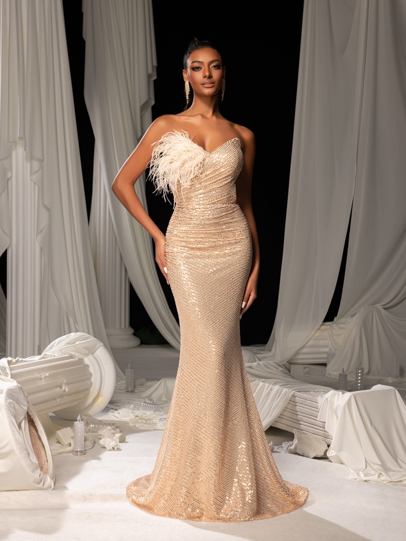 Elegant Feather Accent Strapless Mermaid Gown with Lace-Up Back