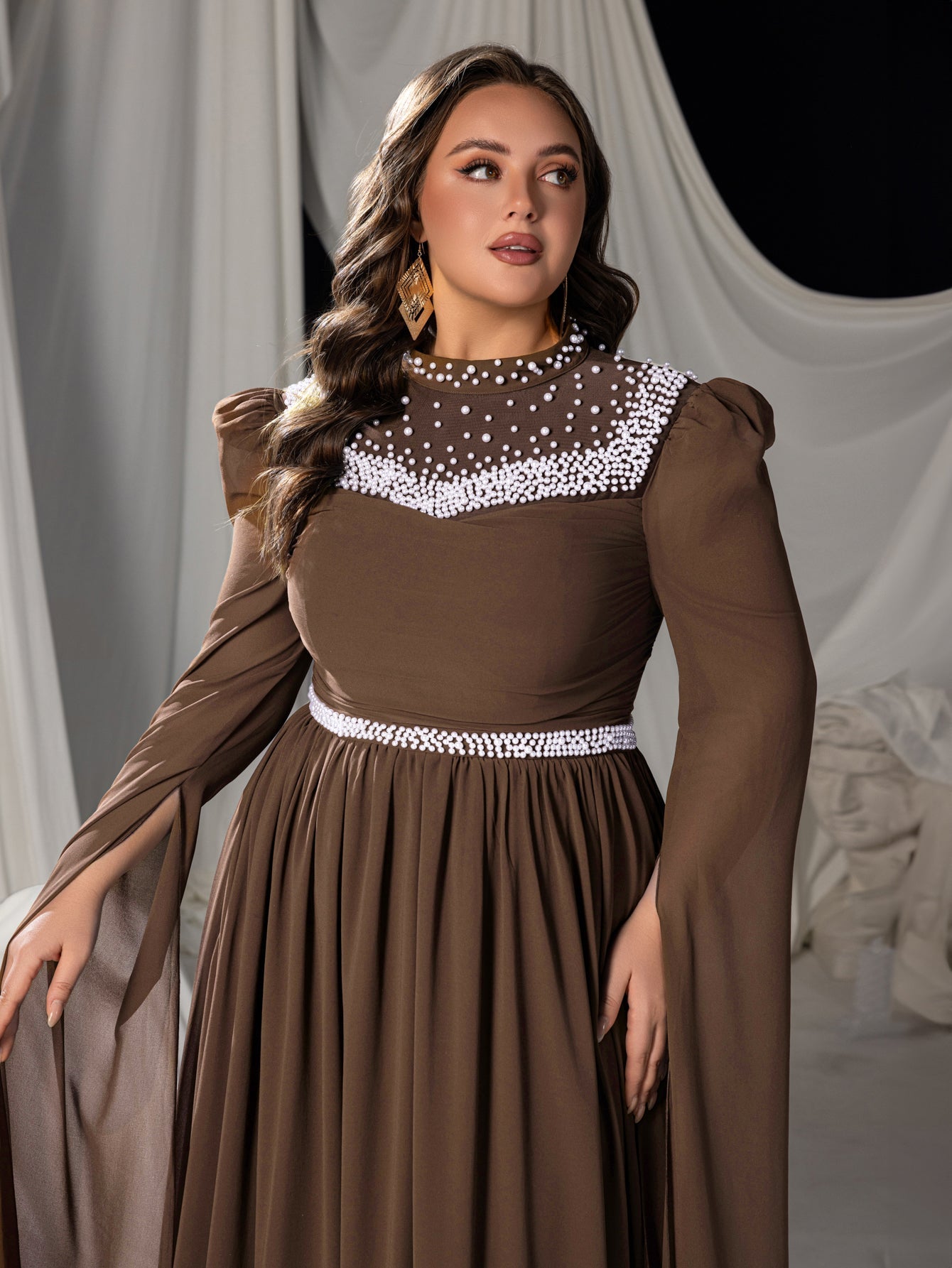 Plus Mock Neck Extra-Long Sleeves Chiffon Evening Gown with White Bead Accents