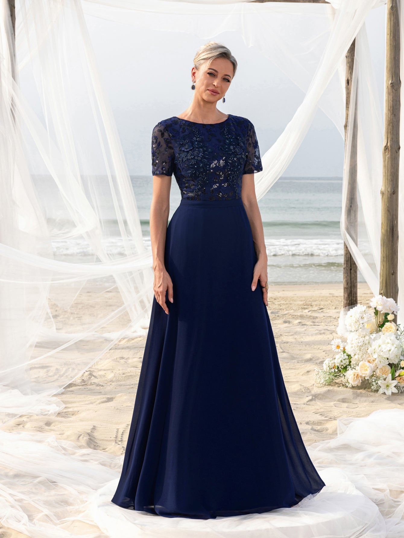 Womens' Evening Gown with Intricate Floral Appliqu & Flowing Chiffon Navy Blue / S Womens' Evening Gown with Intricate Floral Appliqu & Flowing Chiffon Navy Blue / S