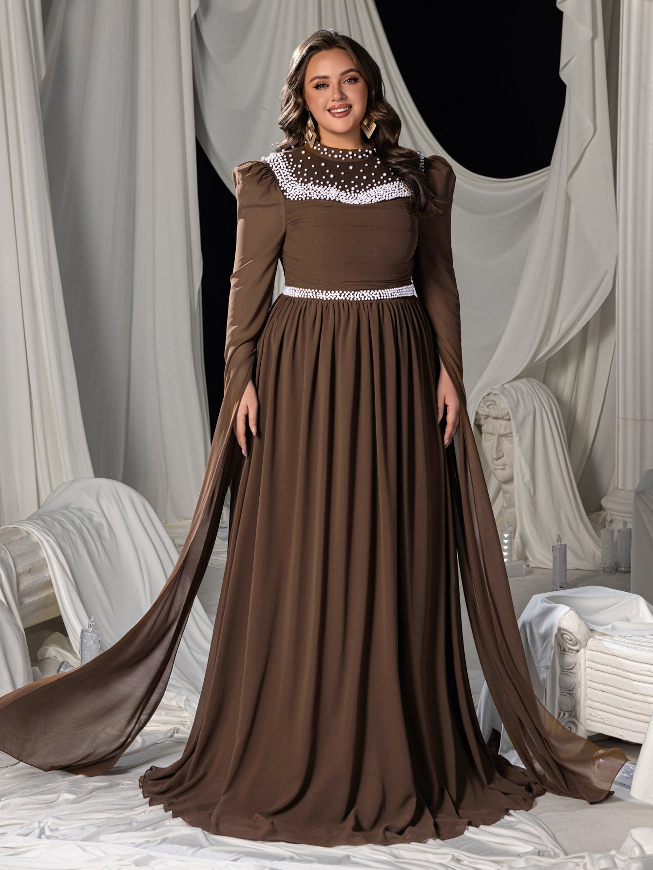 Plus Mock Neck Extra-Long Sleeves Chiffon Evening Gown with White Bead Accents