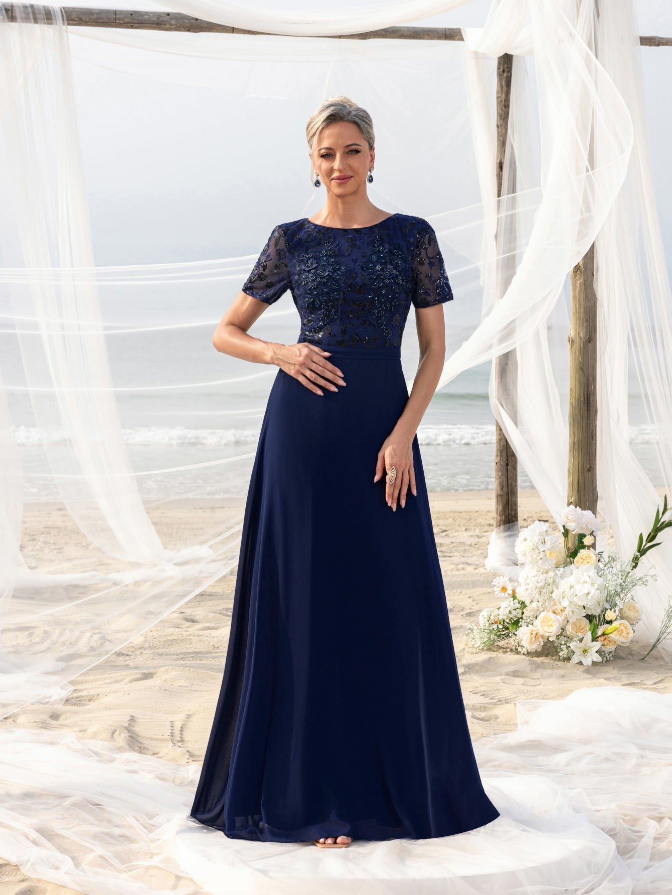 Womens' Evening Gown with Intricate Floral Appliqué & Flowing Chiffon Navy Blue / S