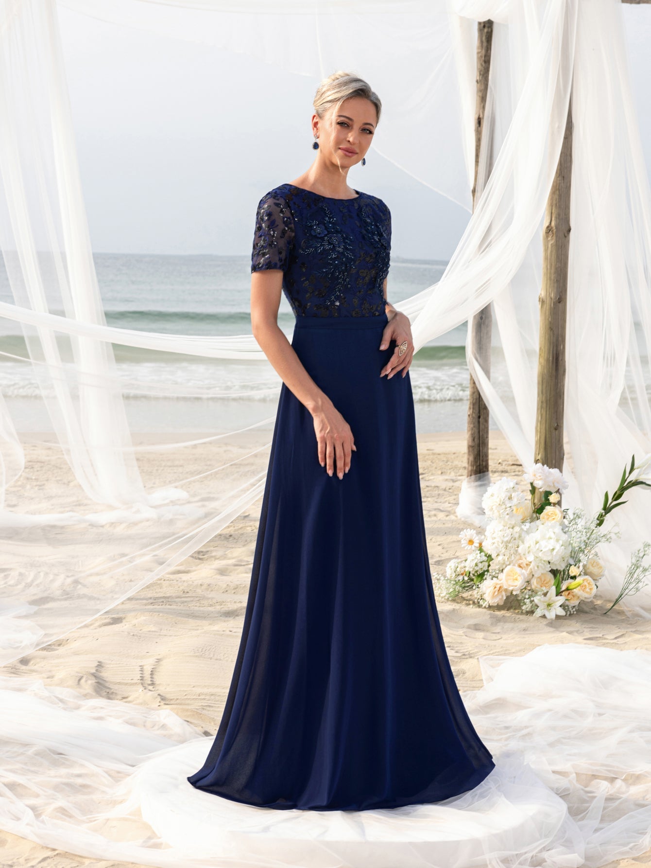 Womens' Evening Gown with Intricate Floral Appliqu & Flowing Chiffon Navy Blue / S Womens' Evening Gown with Intricate Floral Appliqu & Flowing Chiffon Navy Blue / S