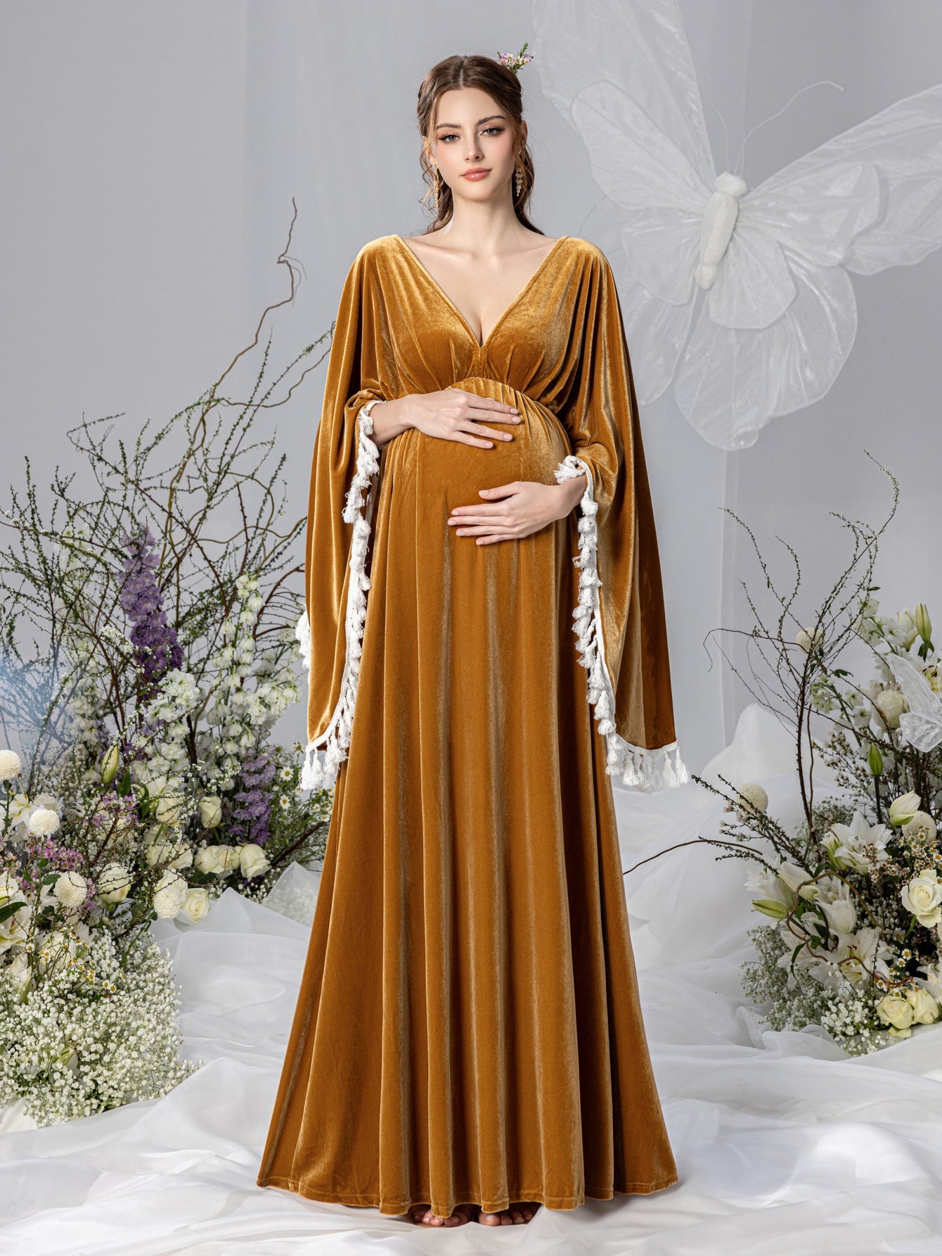 Maternity Backless Cape Sleeves Velvet Party Dress Gold / XL Maternity Backless Cape Sleeves Velvet Party Dress Gold / XL