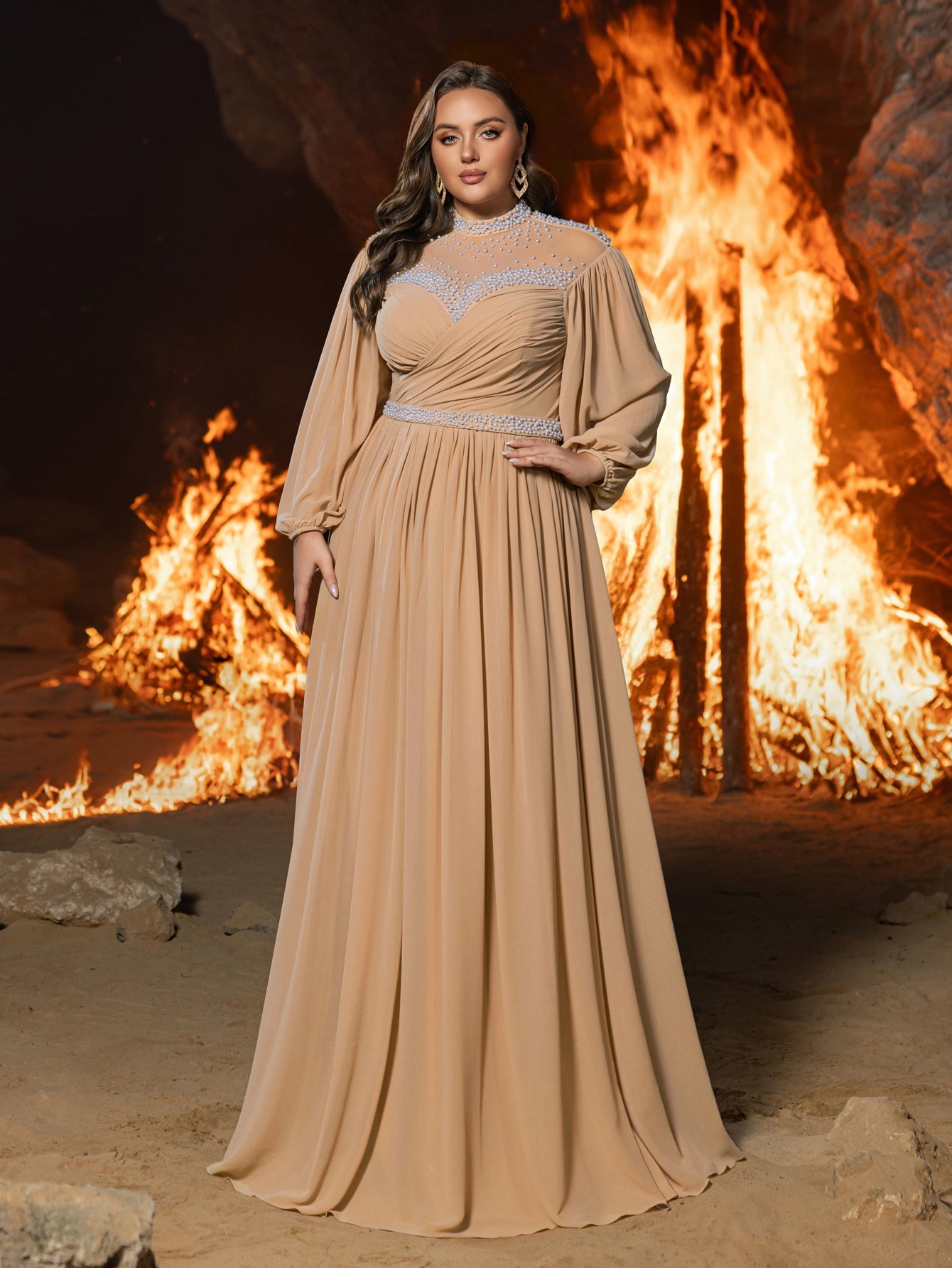 Long Sleeve Gown with Statement Waist & Full Skirt