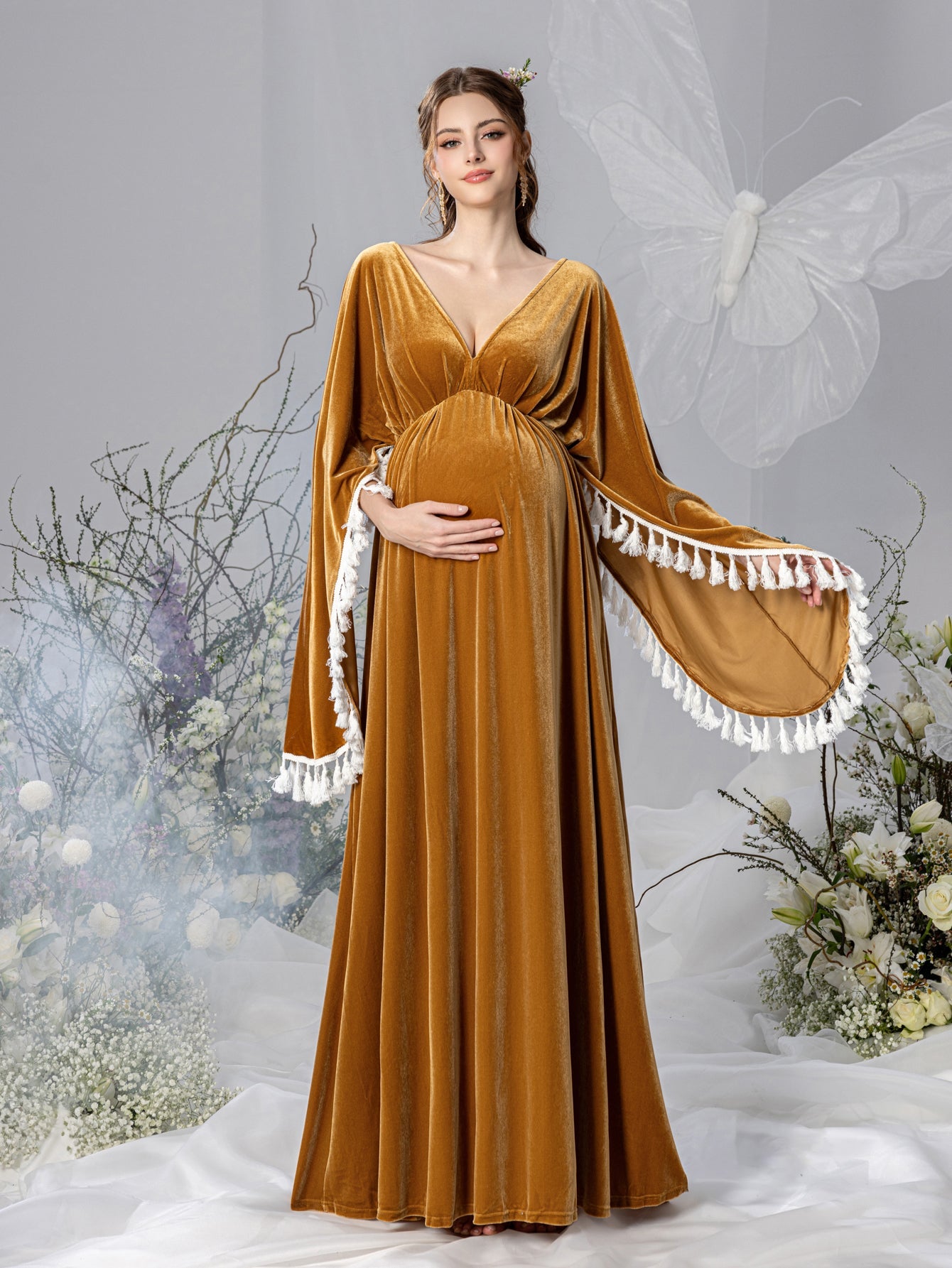 Maternity Backless Cape Sleeves Velvet Party Dress Gold / L Maternity Backless Cape Sleeves Velvet Party Dress Gold / L