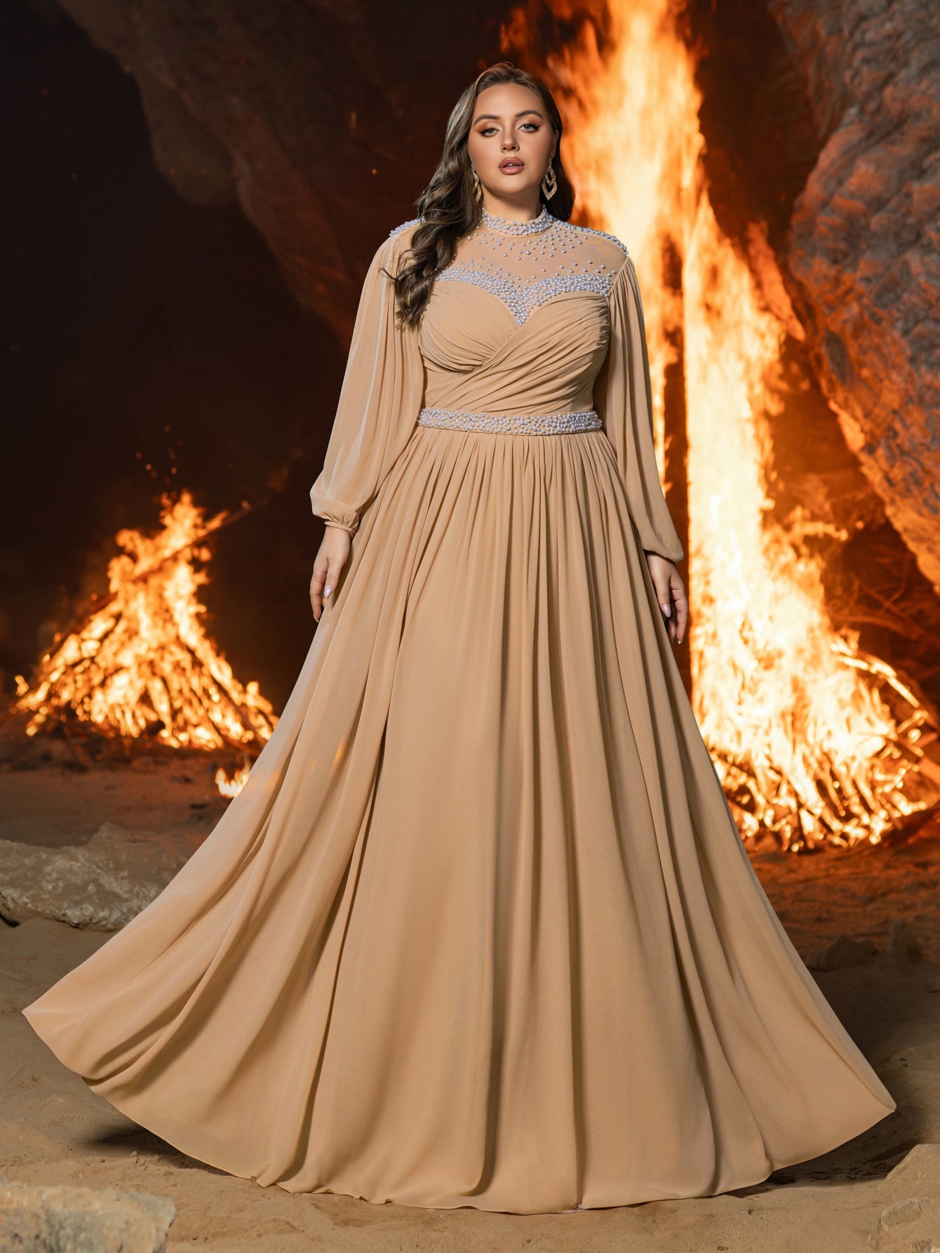 Long Sleeve Gown with Statement Waist & Full Skirt